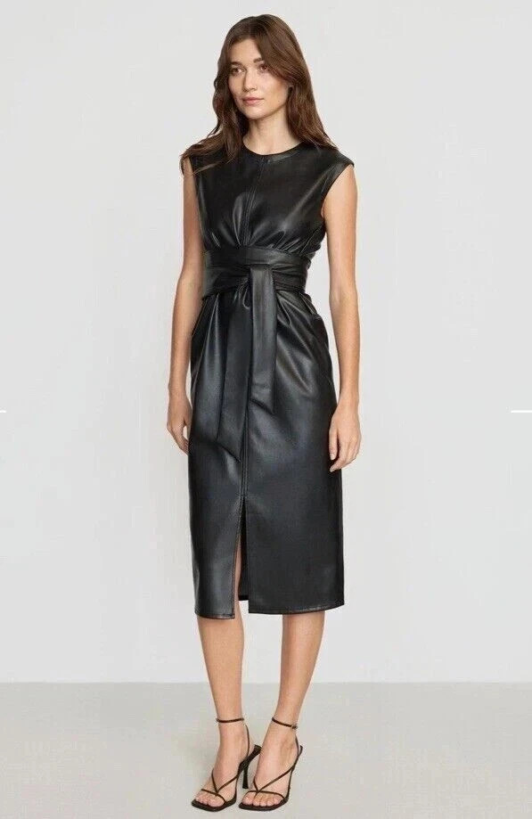Women’s Black Crop Leather Dress. Real Sheepskin Leather Slim Fit Party Dress M.