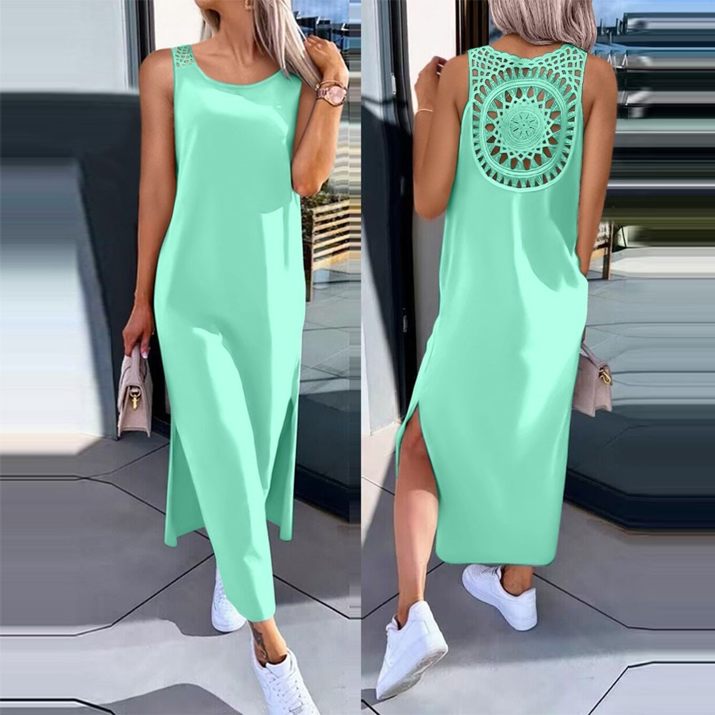 Women’s Openwork Sleeveless Slit Vest Dress Over The Knee