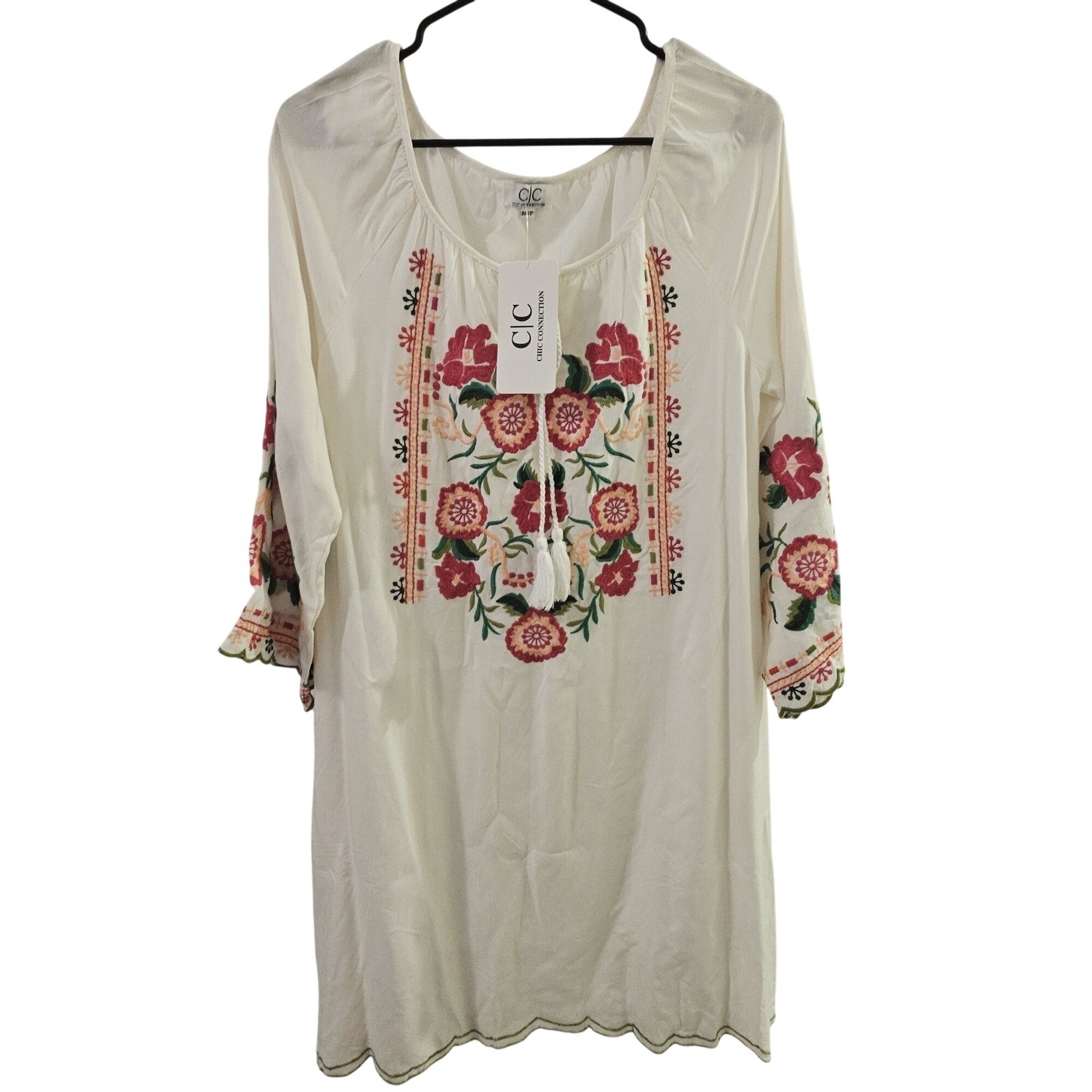 Chic Connection White Floral Embroidered Peasant Dress Tassel Tie Summer Small