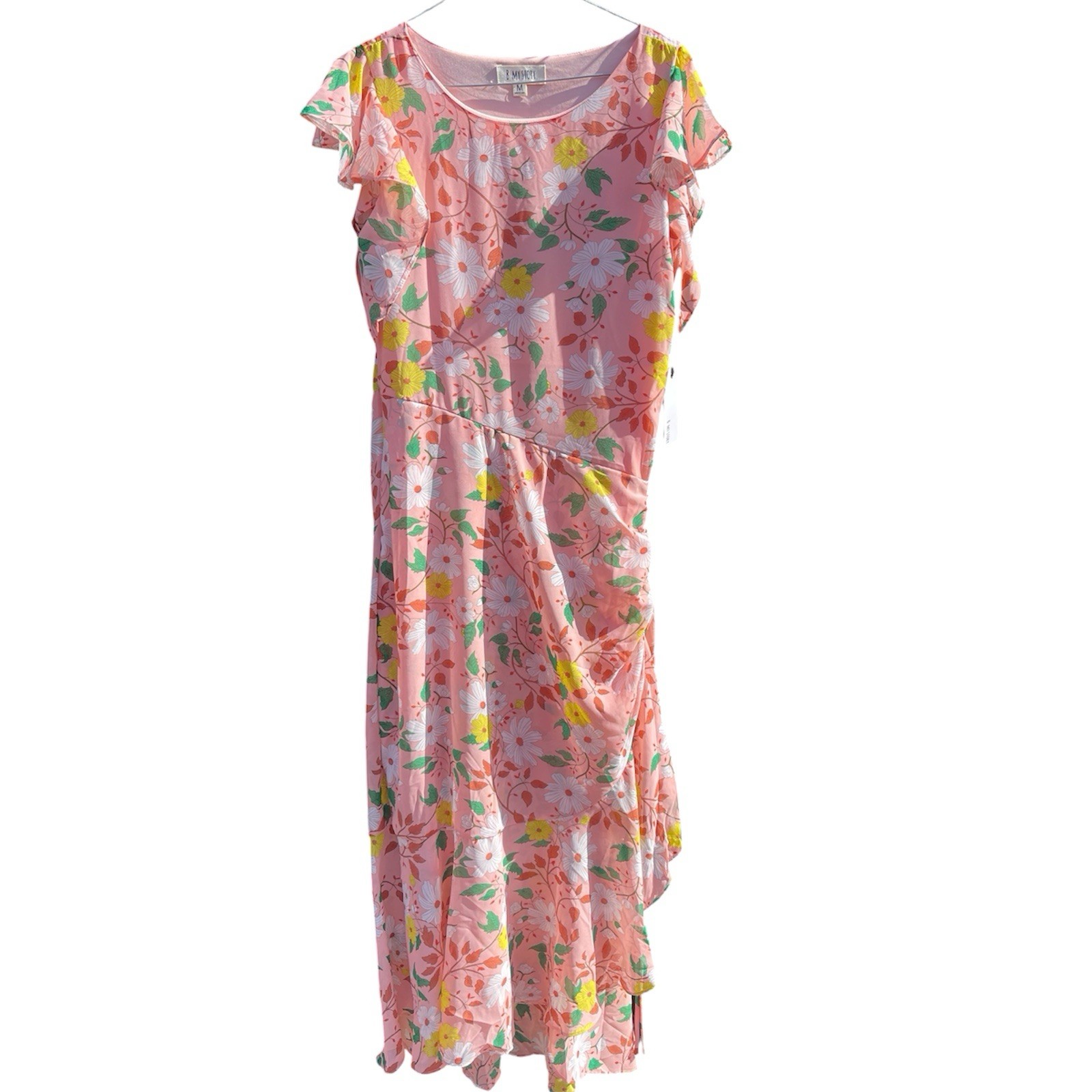B My Story Pink Multicolor Floral Chiffon Ruffle Lined Midi Dress M