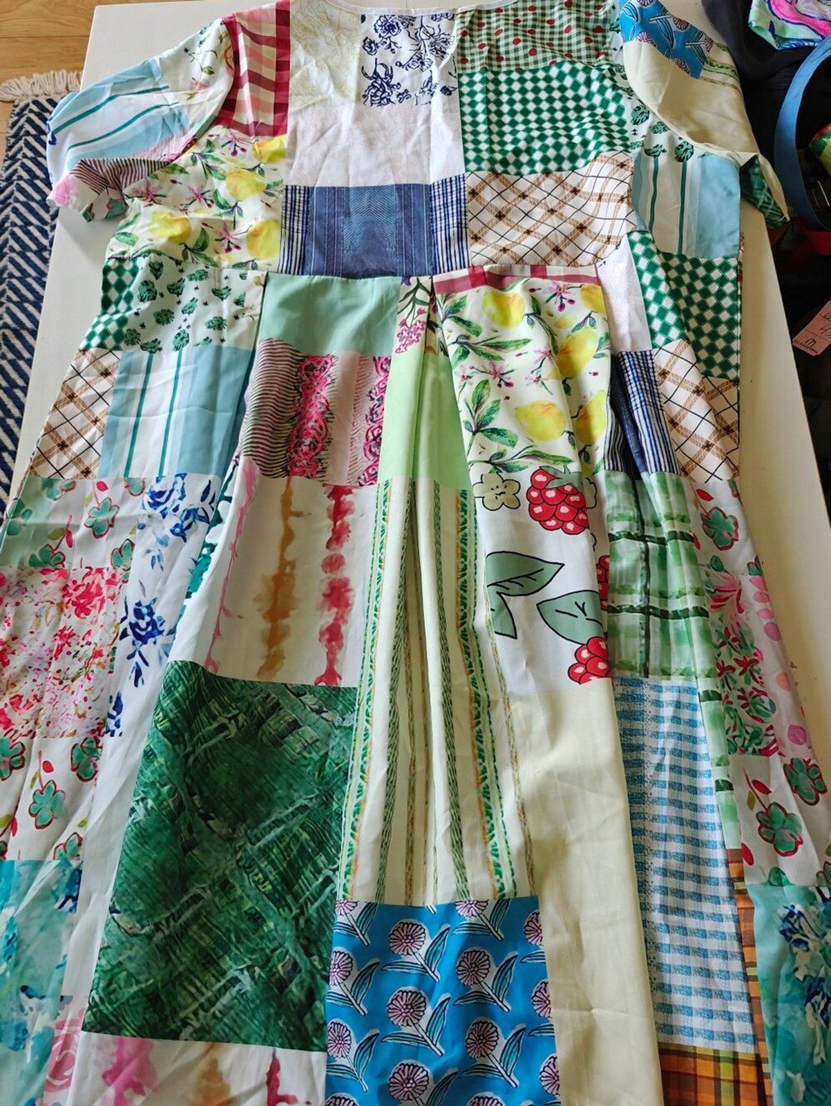 SHEIN Multi-Print Patchwork Maxi Dress in Green and Blue Accents