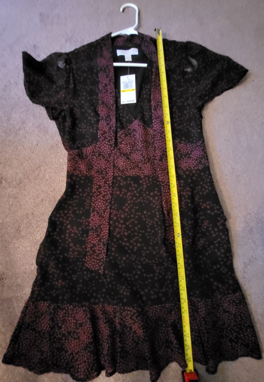 Michael Kors Black Burgundy Star Print Tie Neck Chiffon Dress Sz MED New w Tag