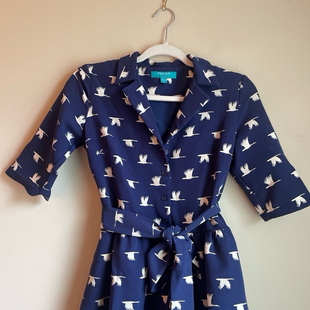 Fever London Blue White Bird Print Collared Retro Belted Midi Shirt Dress 6