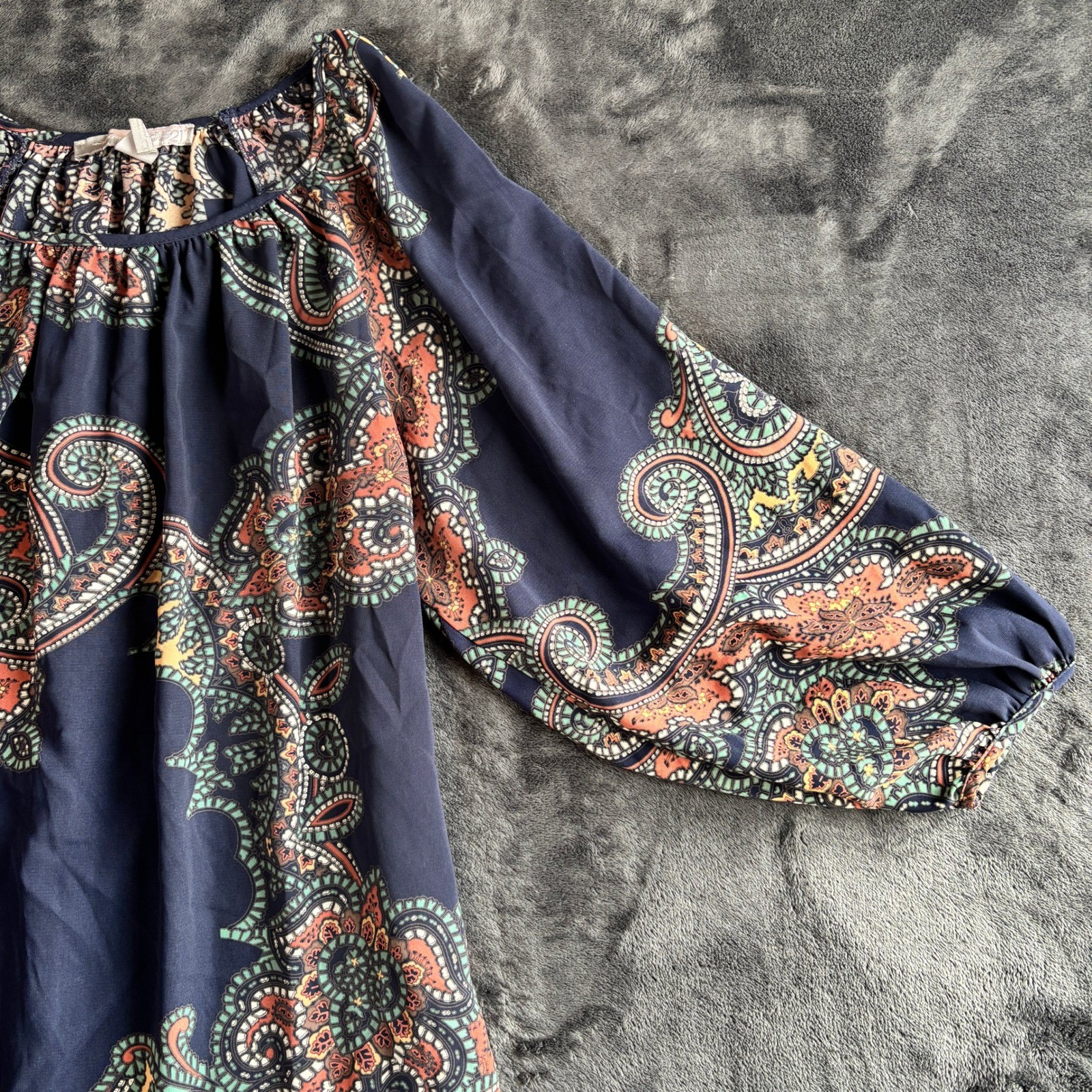 Love21 Paisley Boho Mini Shift Dress Navy Blue Balloon Sleeve Small
