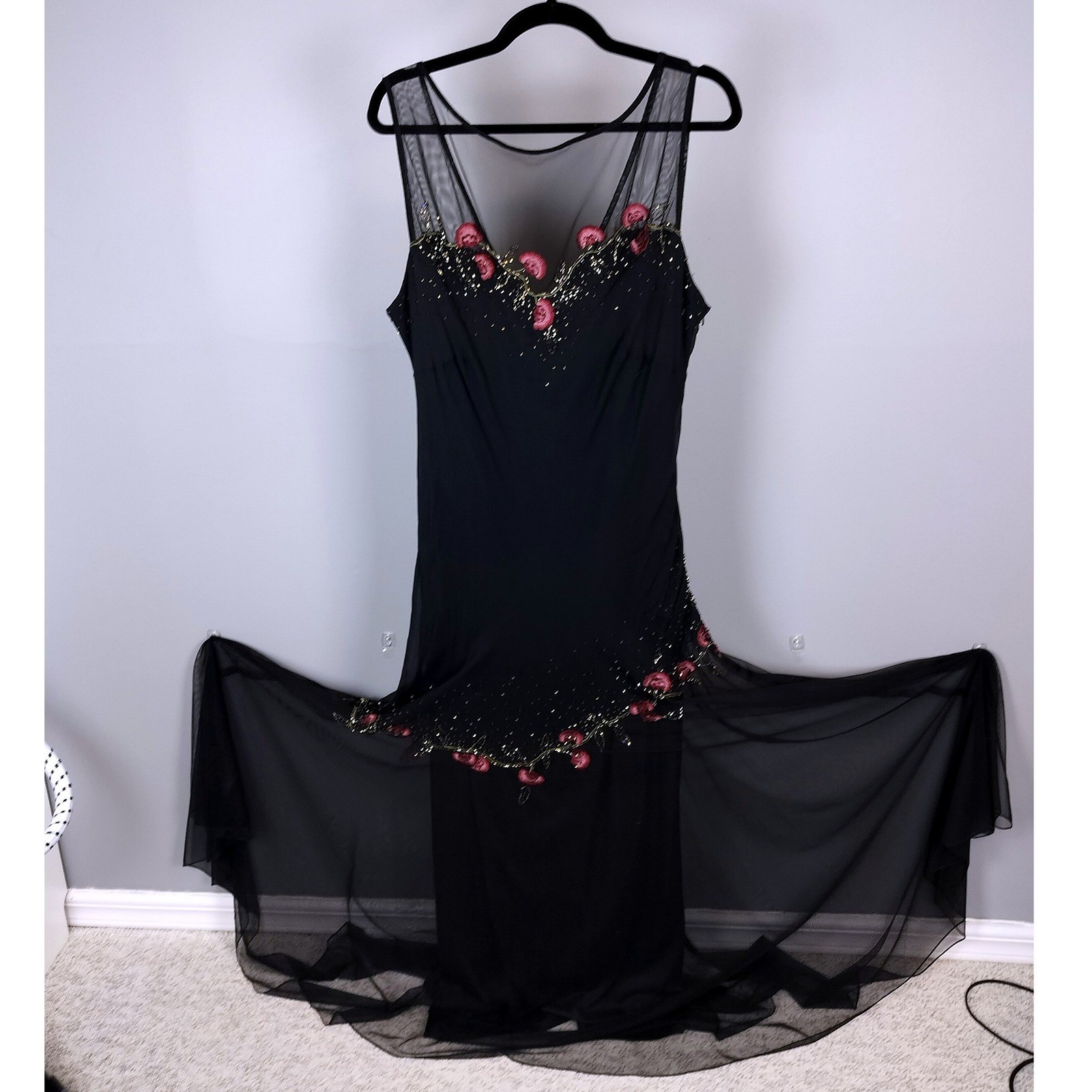 Xscape Silk Beaded Floral Mesh Gown Black Asymmetrical Tiered Formal Dress