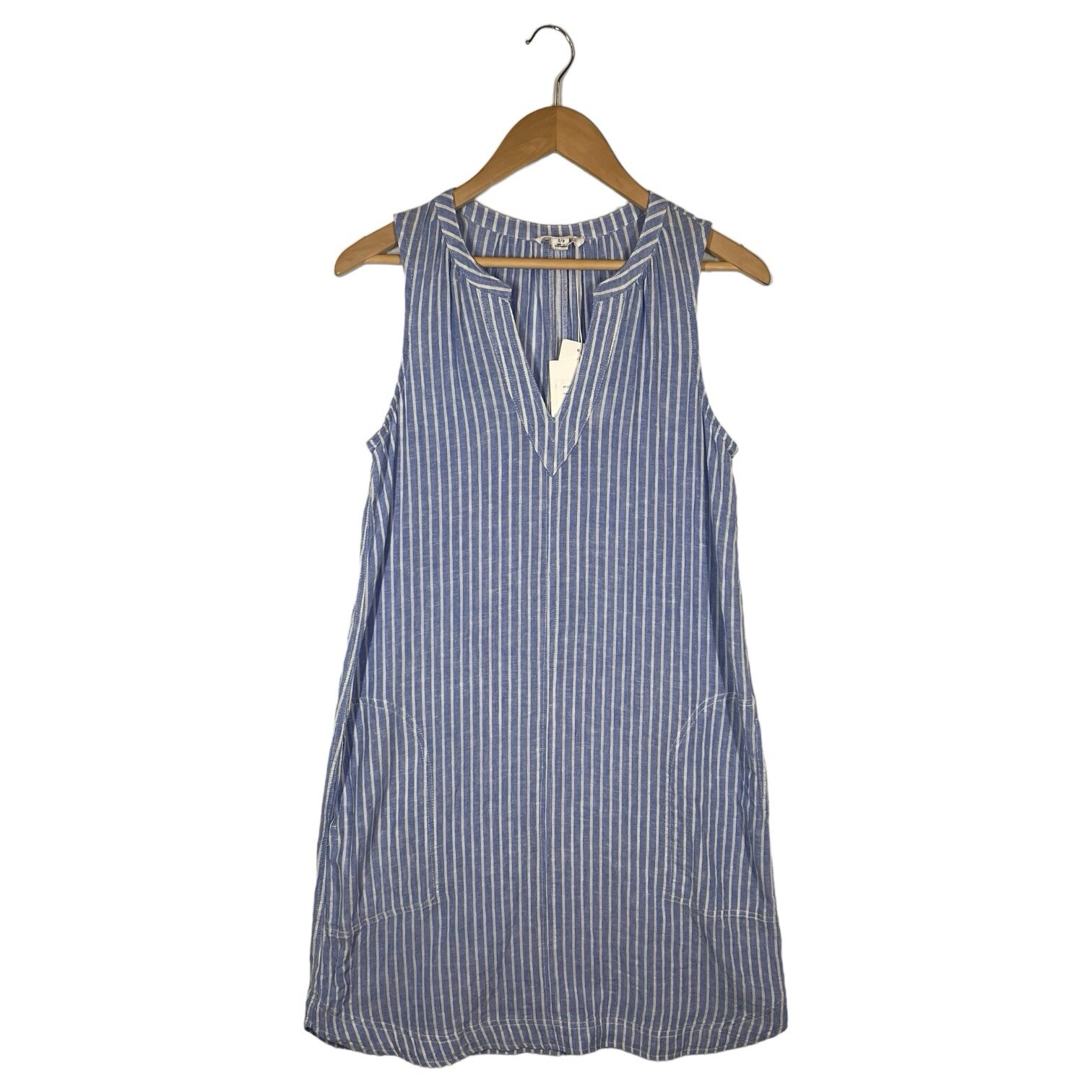 New Beach Lunch Lounge Dress Womens S Tally Linen Sleeveless Striped V Neck Blue