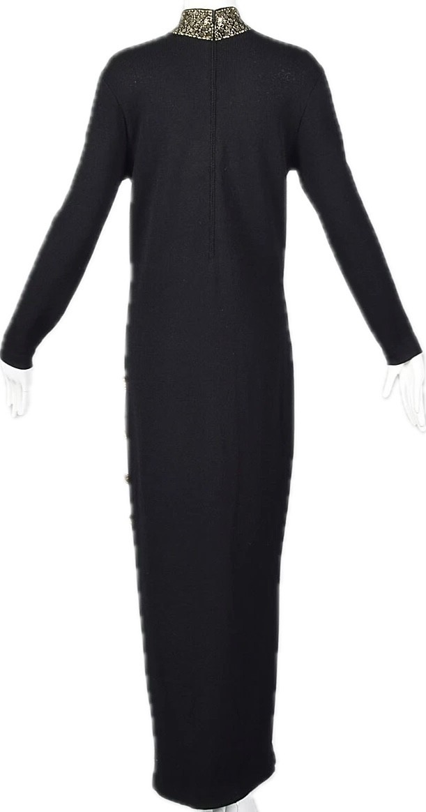 Vintage St. John by Marie Gray Santana Knit Maxi Dress Black Gold Beaded 10 M-L