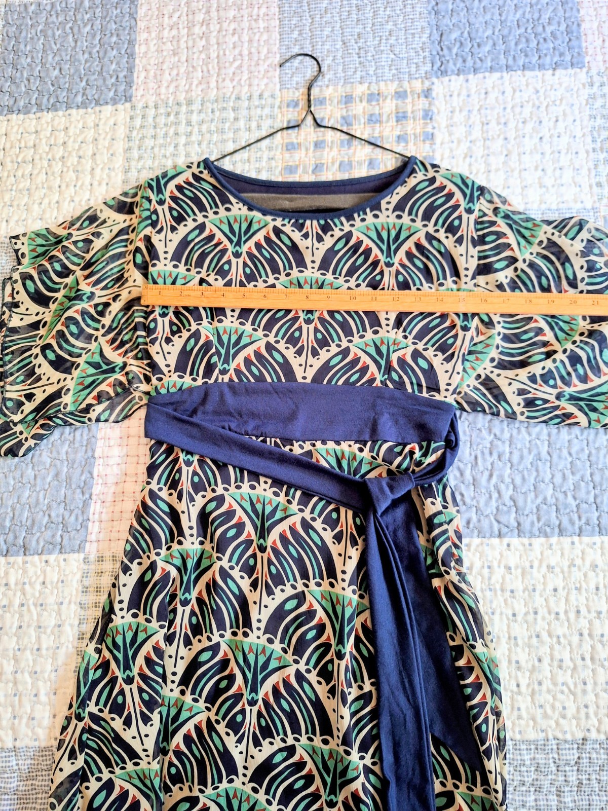 EUC Women’s Navy & Teal Printed Belted Dress
