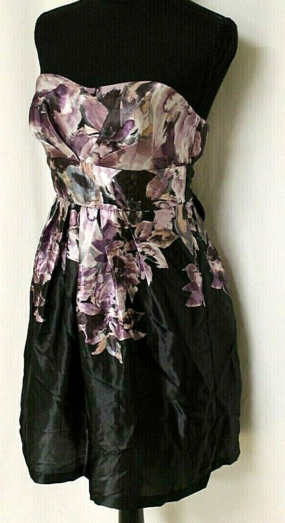 IZ BYER MINI DRESS SIZE 7 PURPLE & BLACK FLORAL SWEETHEART HALTER BELTED ZIPPER