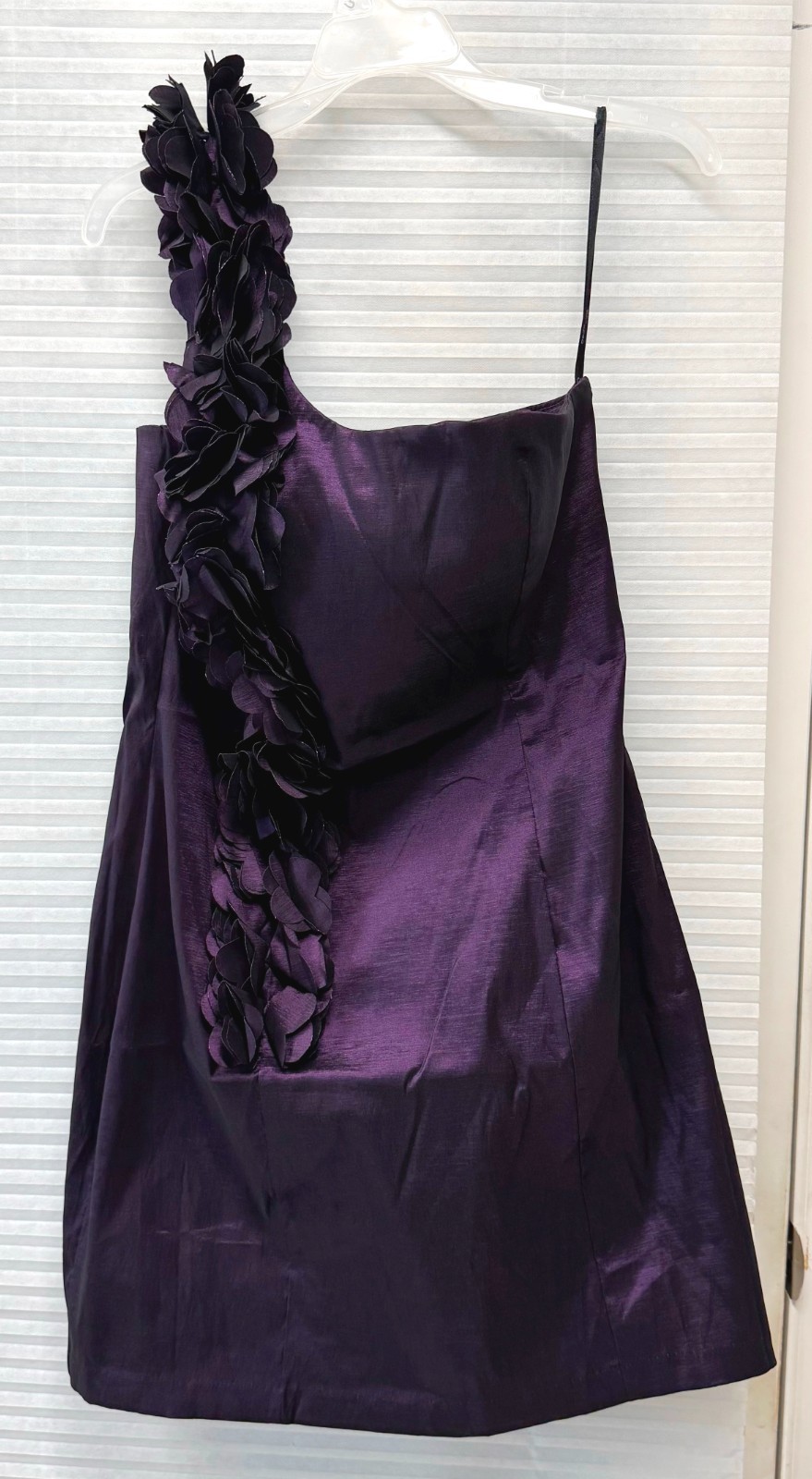 SNAP One Shoulder Cocktail Dress Eggplant Purple 3D Flower Ruffle Mini NWT XL