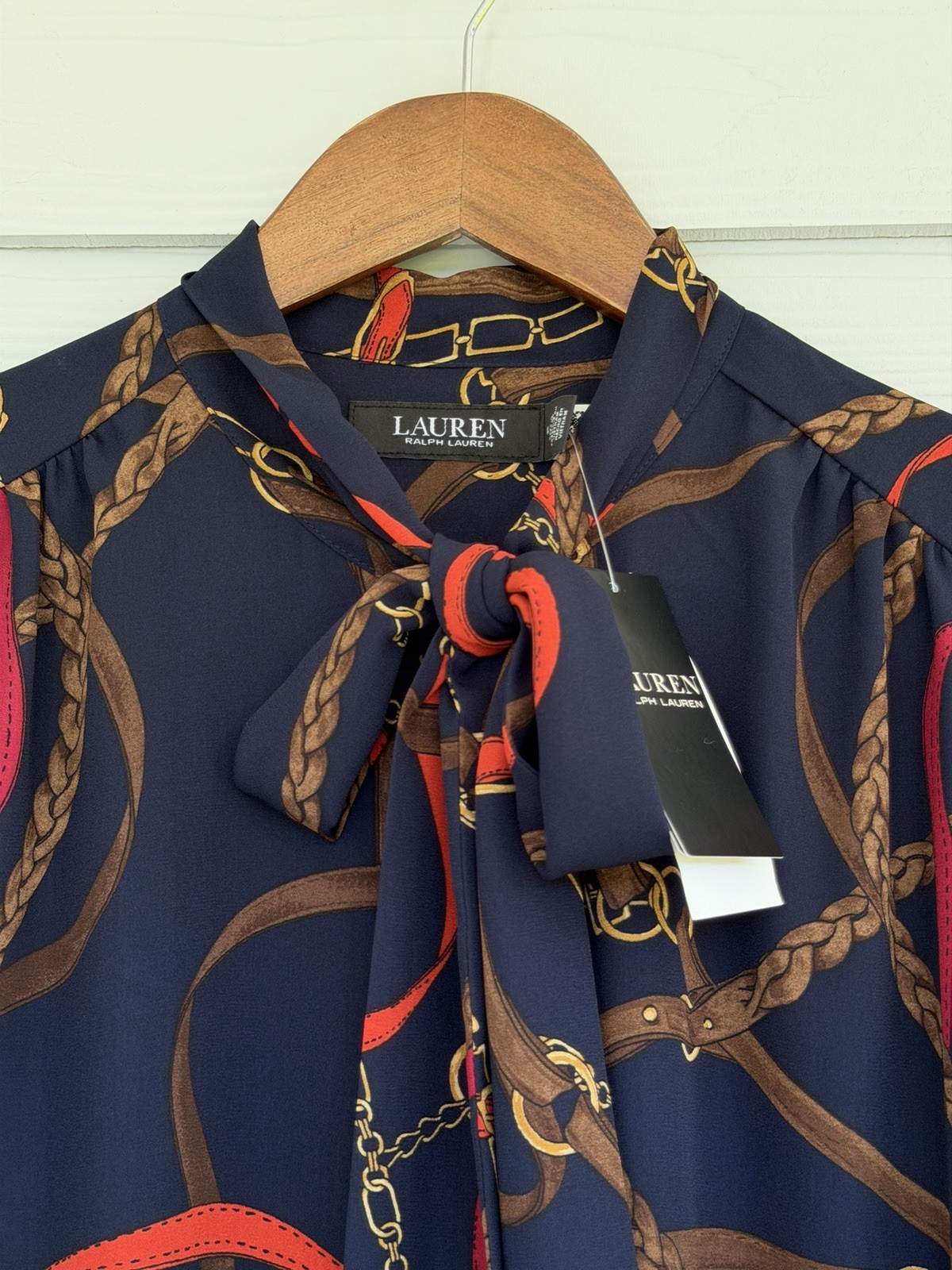Ralph Lauren Georgette Equestrian Chain Print Tie Neck Midi Dress Navy 14 NWT