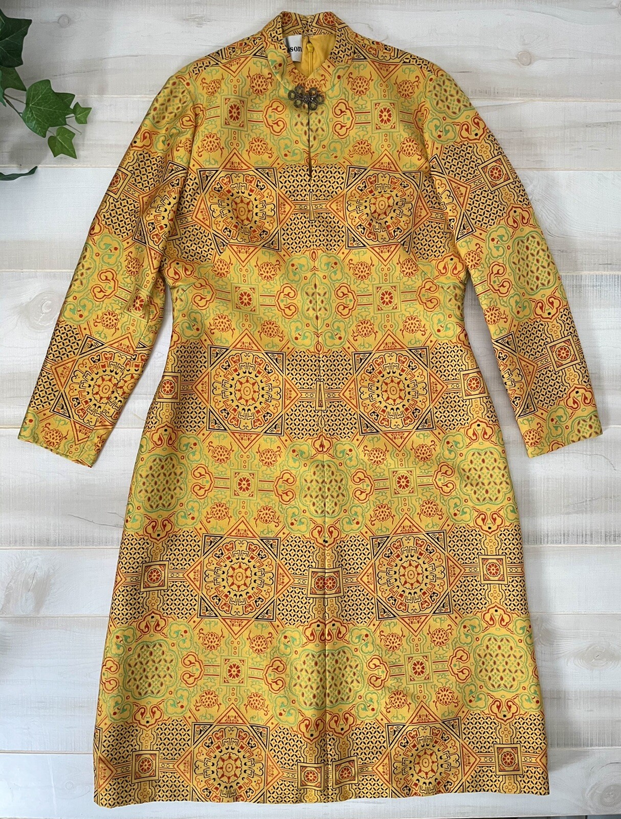 1960s ADELE SIMPSON Yellow Silk Blend Jacquard Chinese Inspired Dress VTG Rare