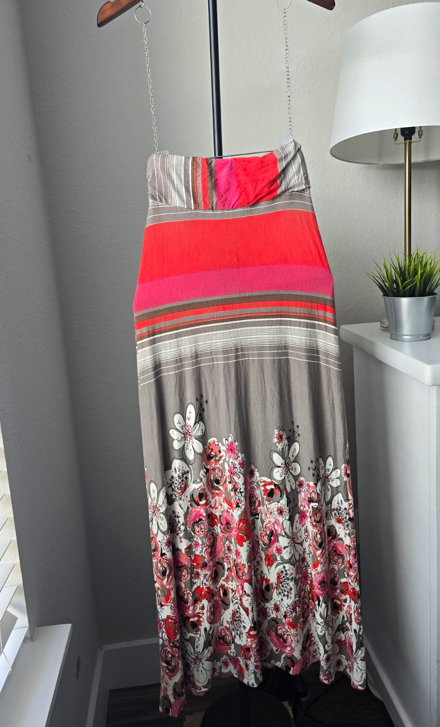 Cergutti Gray Pink Red Striped Knit Maxi Dress Spaghetti Strap Stretch M