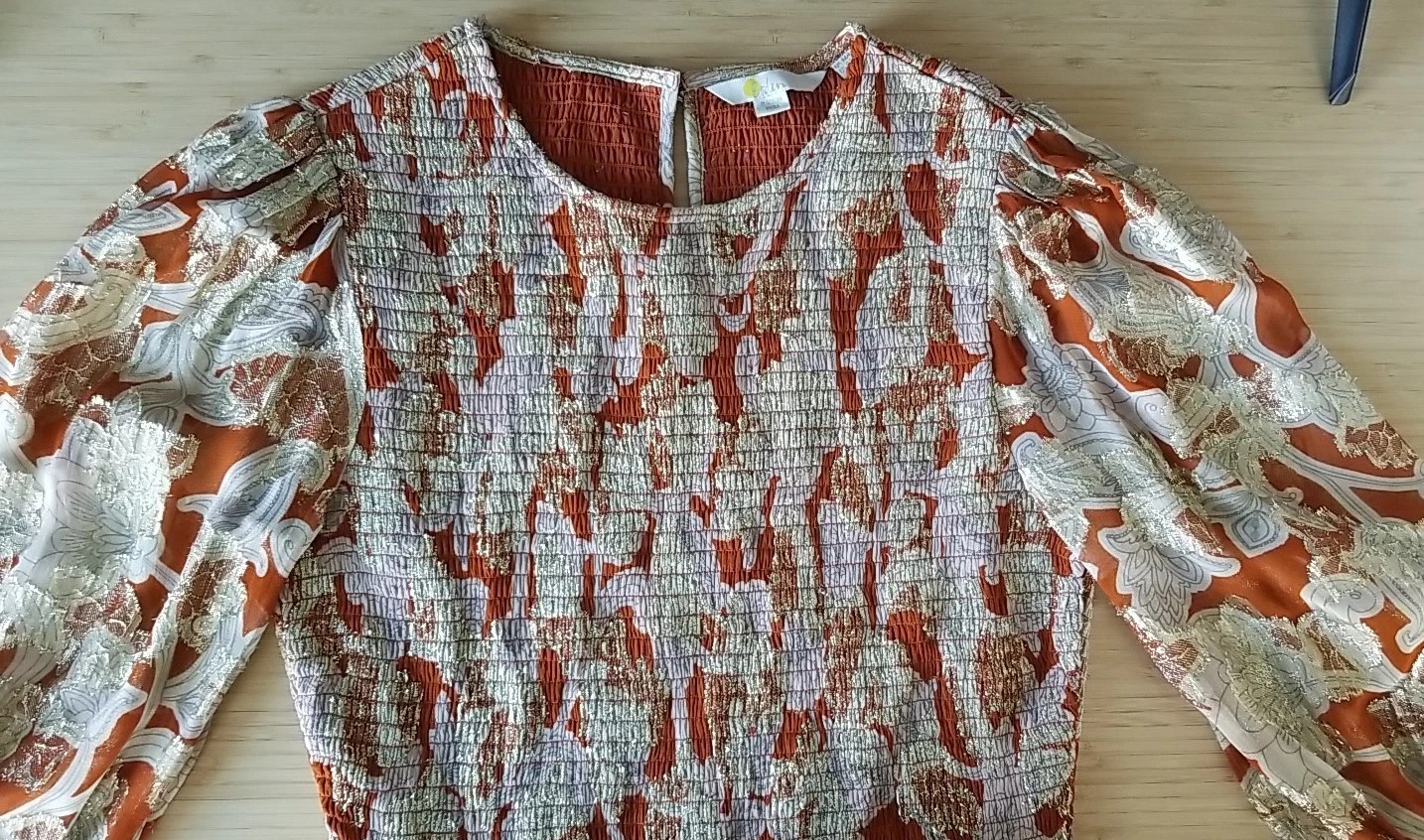 Boden Smocked Jacquard Maxi Dress Rust Copper Paisley Gold Metallic US 8 EUC