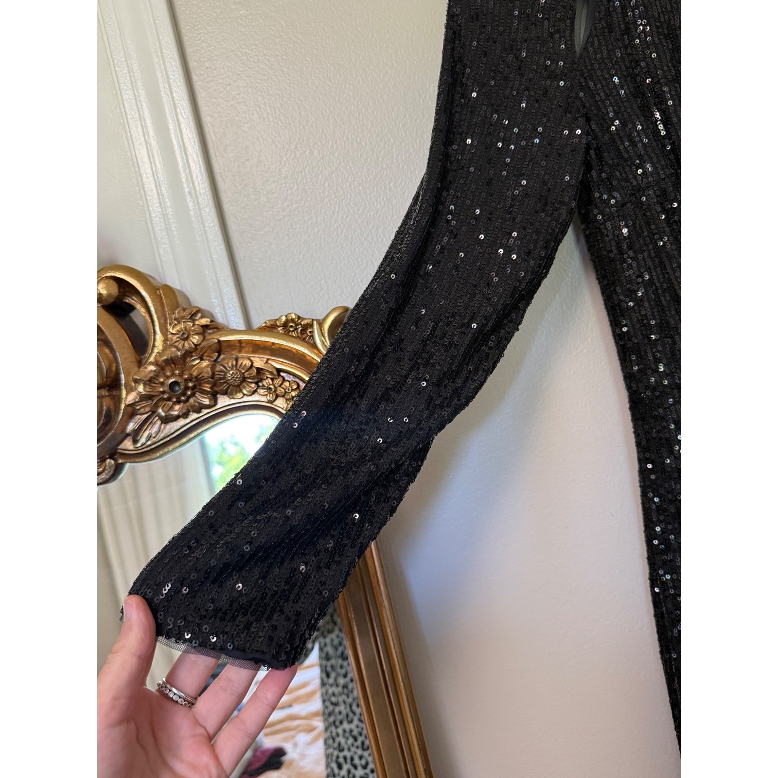 Black Sequin Long Sleeve Maxi Dress Shoulder Cut Out Side Slit Formal Gown