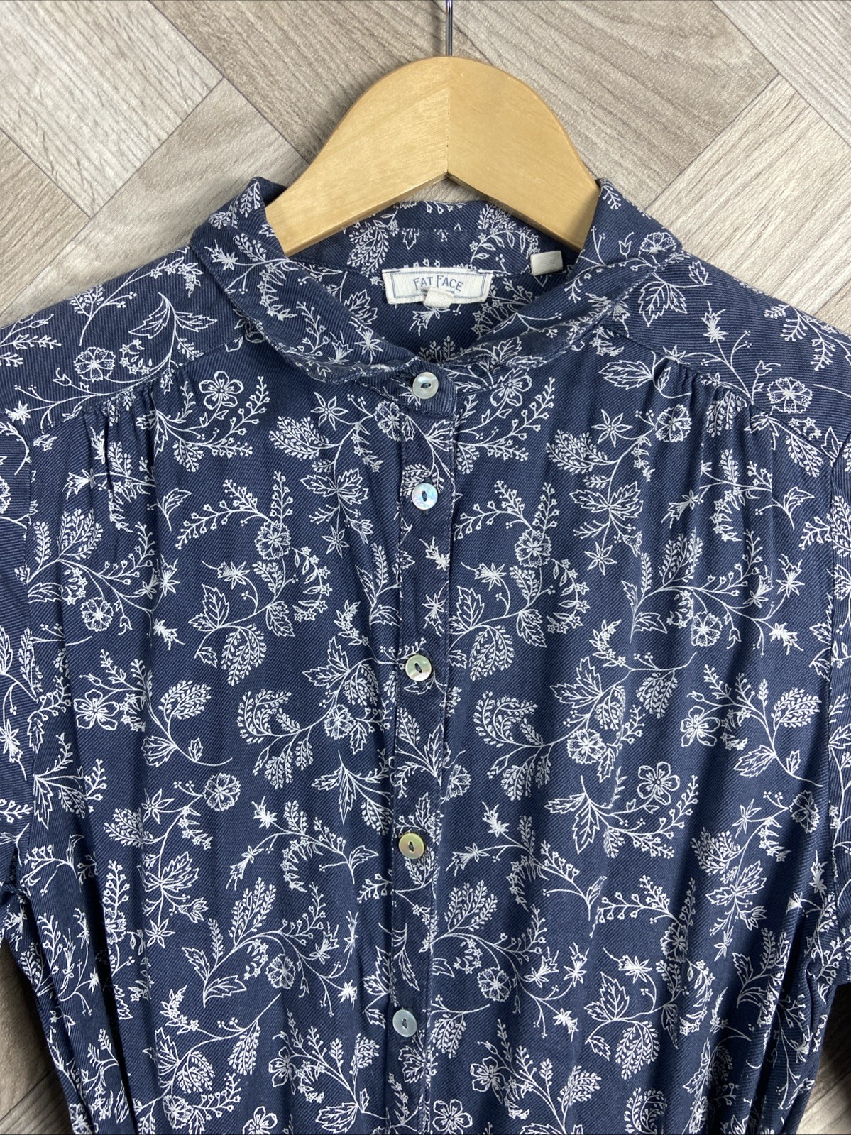 Fat Face Navy & White Floral Button Up Dress Waist Tie Collared Size 10