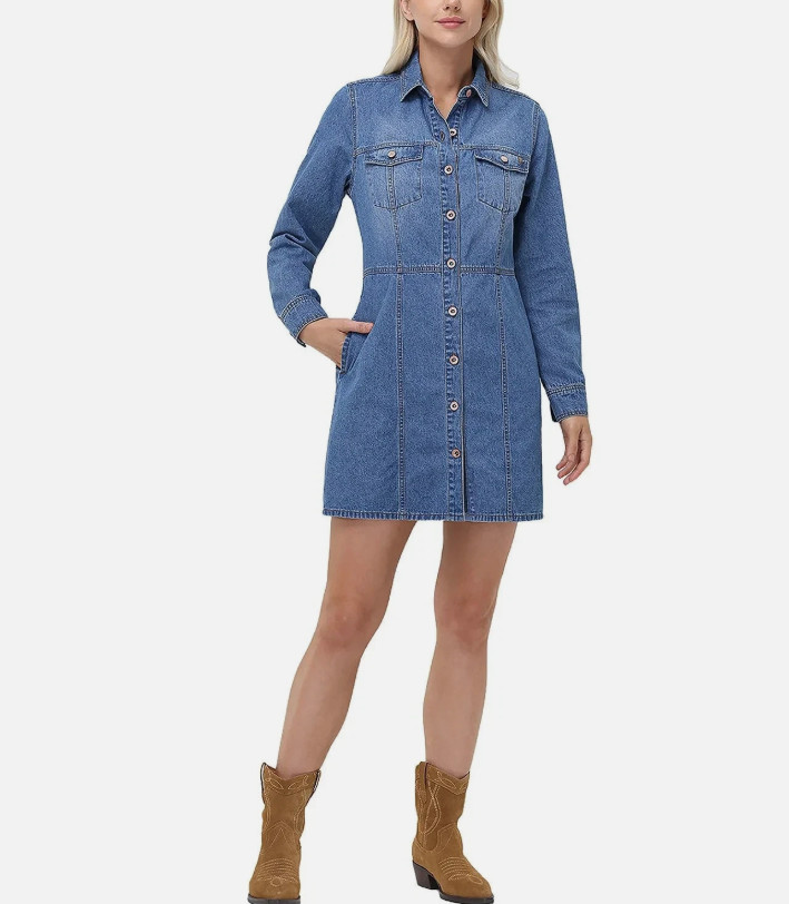 Frye Women’s Denim Long Sleeve Dress Size Large Medium Wash Cute W/Boots NWT