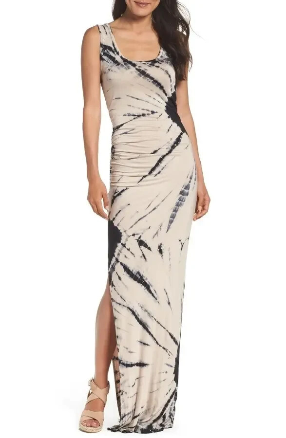 FELICITY & COCO Tie Dye Jersey Ruched Slit Racerback Tank Top Maxi Dress S = 4/6