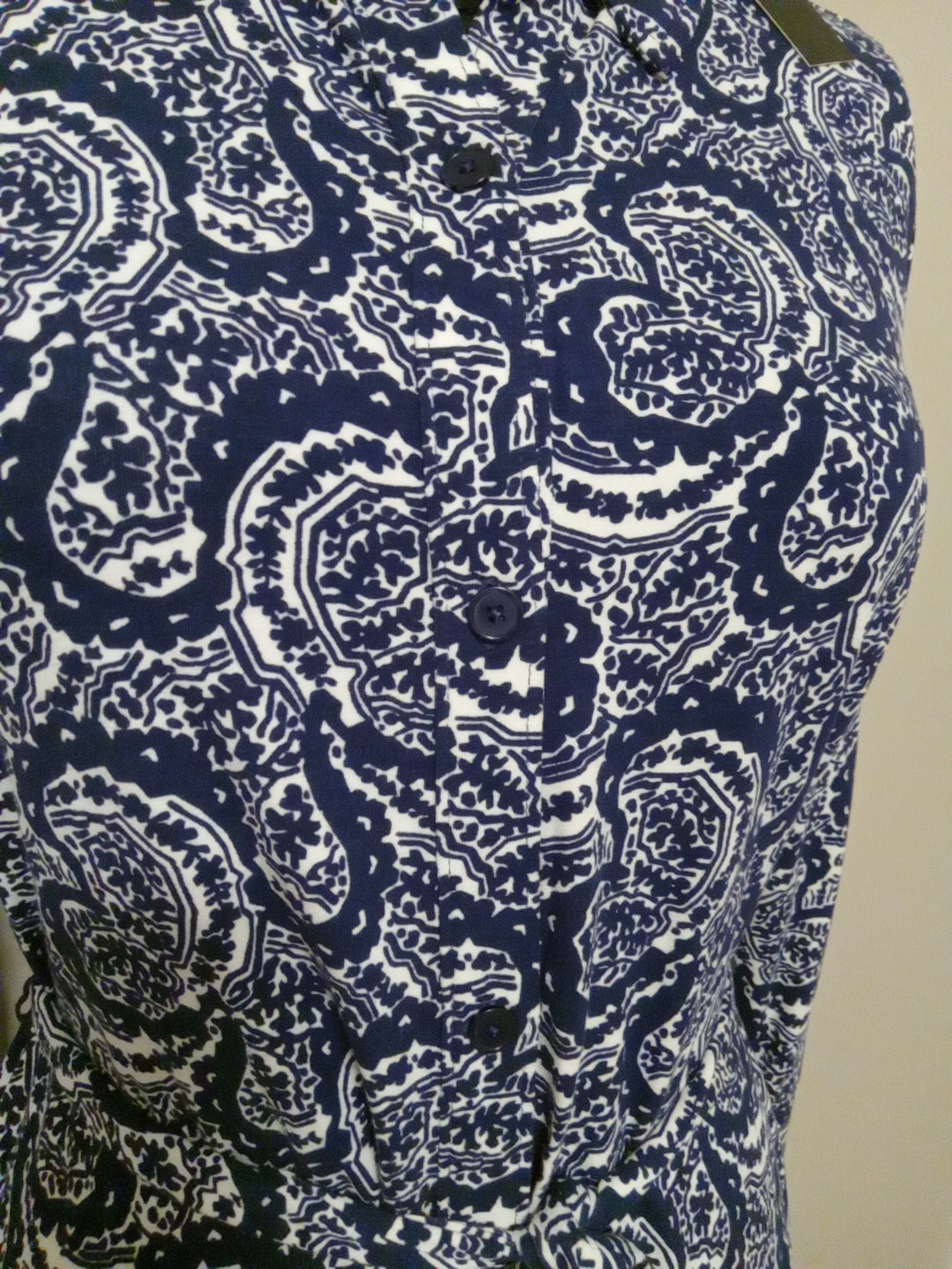 Talbots Women Blue White Paisley Collar Button Down Midi Dress Size L