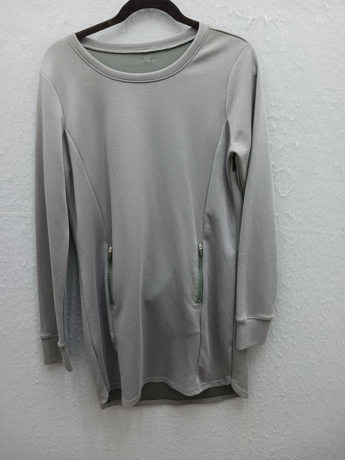 Unknown Women Tunic Gray Cotton Blend Long Sleeve Crew Neck Front Zip Pockets