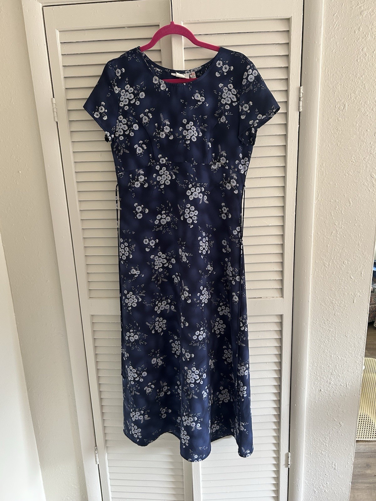 Vintage Jody California Blue Floral Maxi Dress M Tie Waist Cap Sleeve