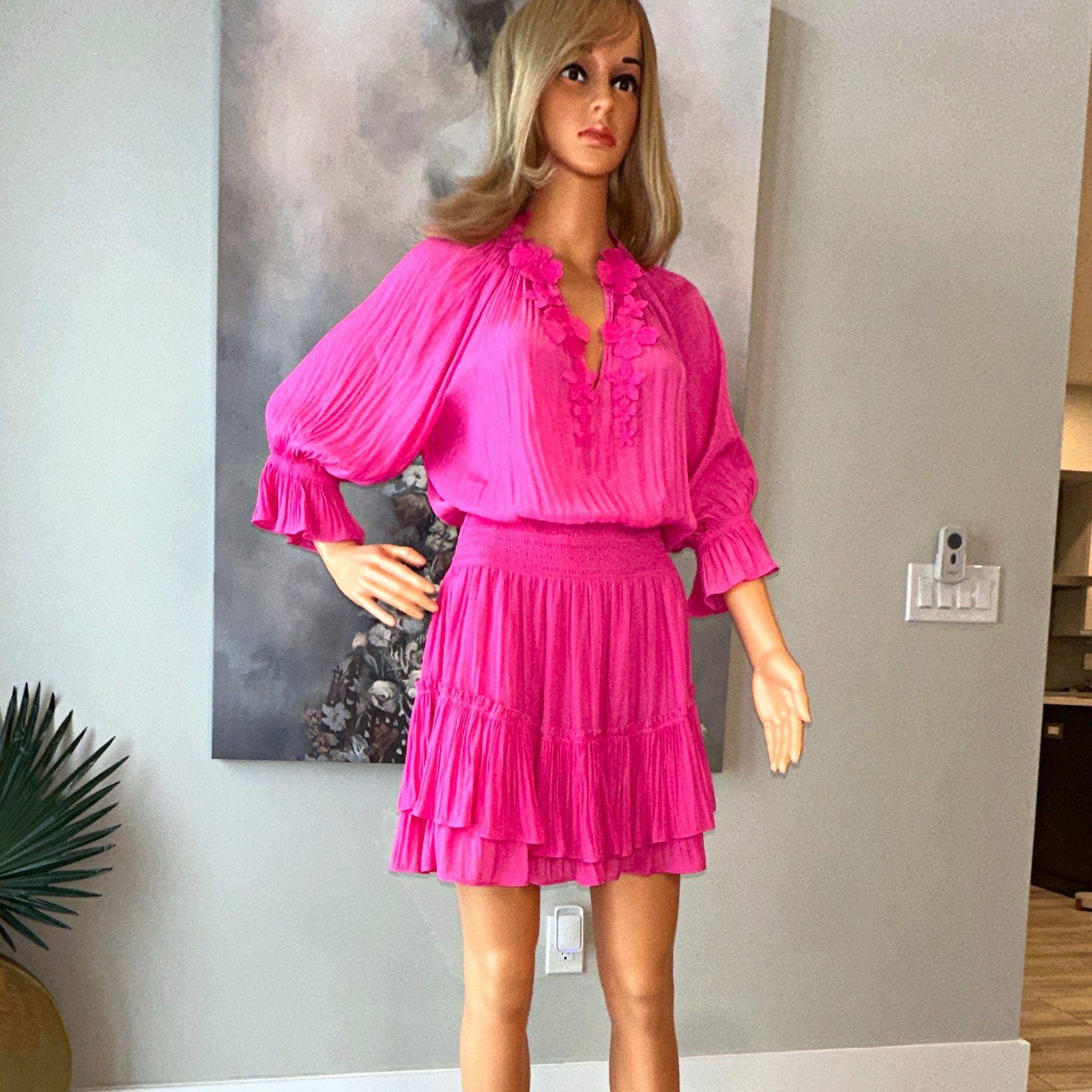 Ramy Brook New York Pink Chiffon V-Neck Ruffle Smocked Mini Dress M