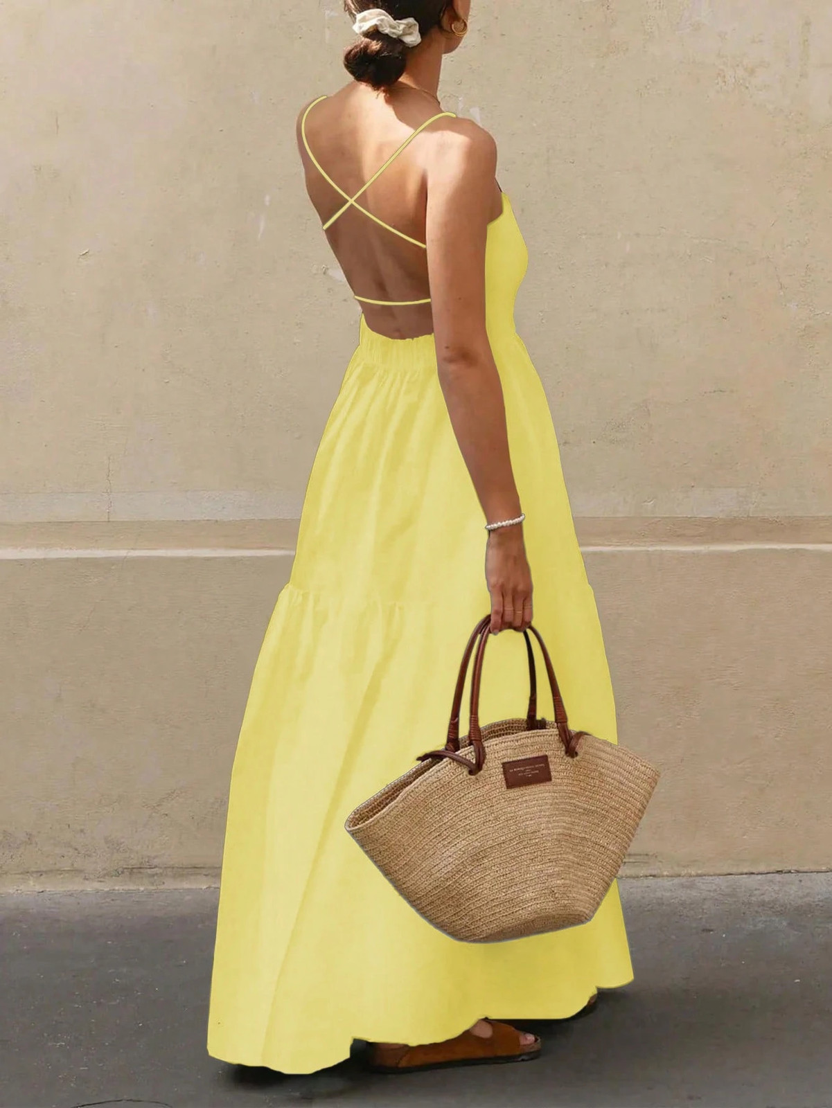 Ladies Yellow Ruched Hem Long Dress