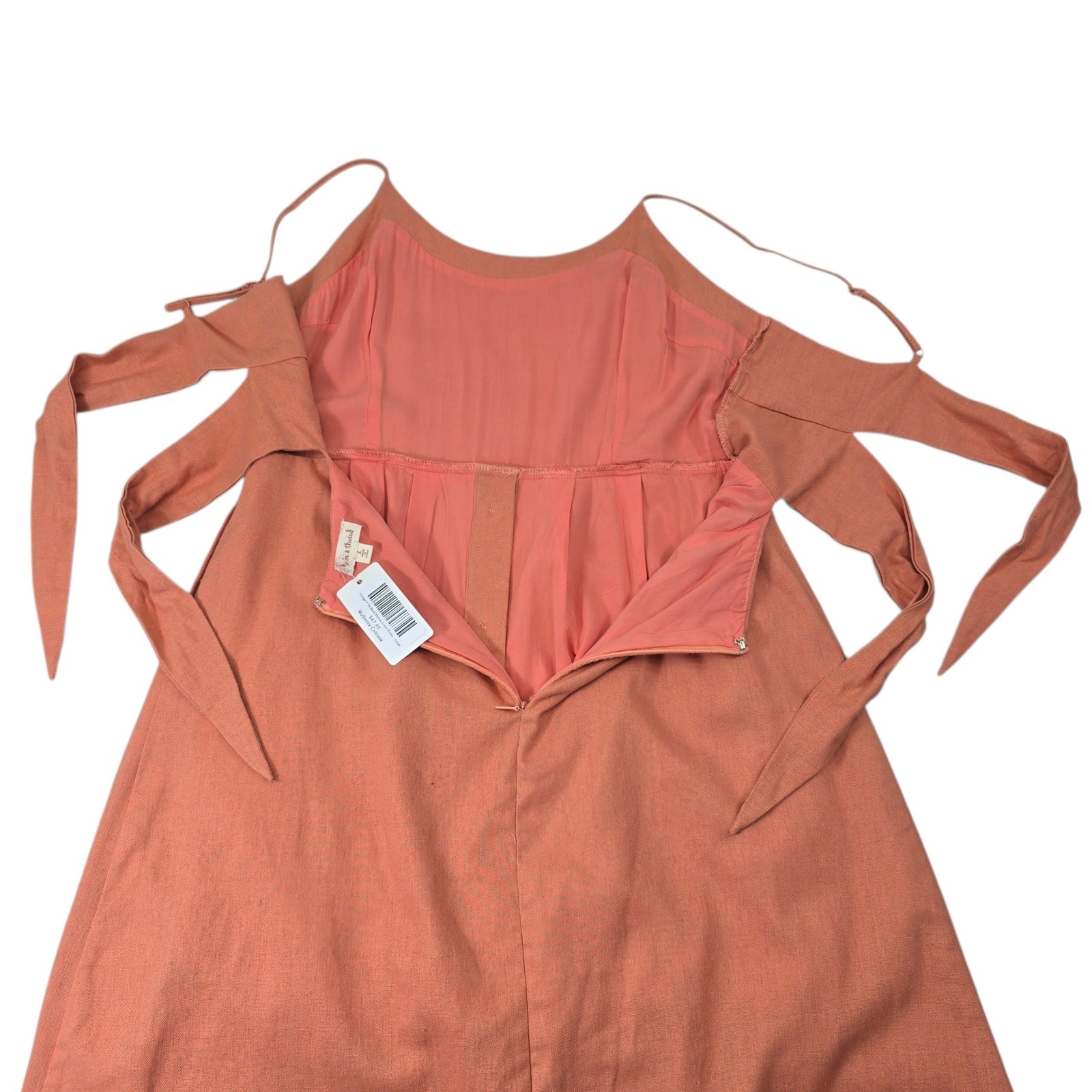 Hem & Thread Orange 2 Tie Back Button Front Midi Dress Linen Blend Size Large