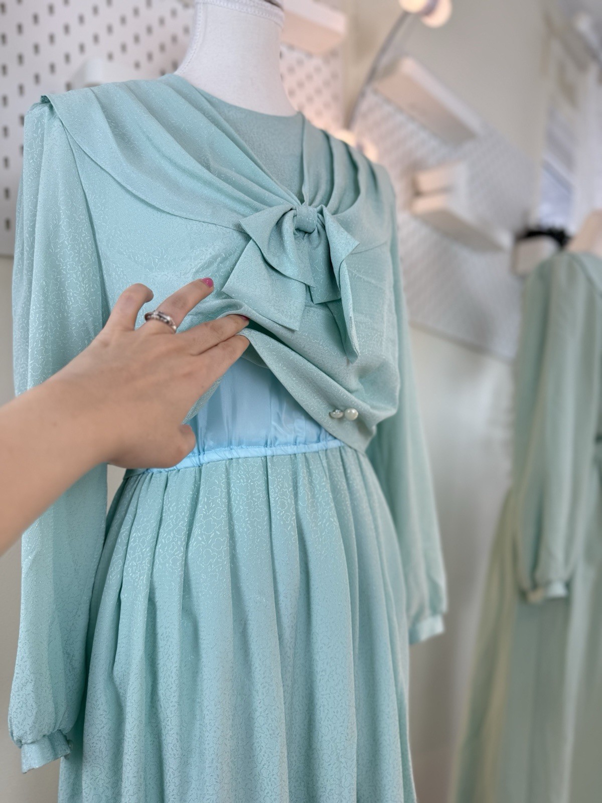 Fransoise Bow Neck Midi Dress Long Sleeve Pearl Button Detail Pleated Skirt