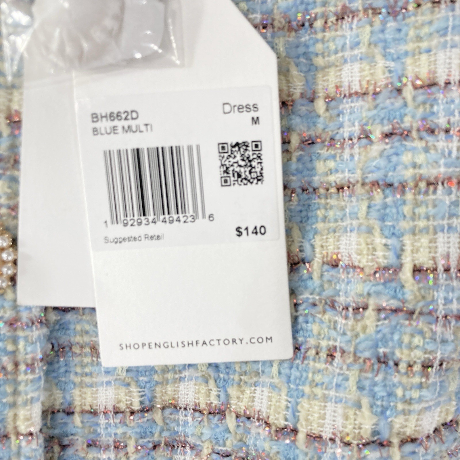 Euro Wool Tweed Pearl Button Front Woven Baby Blue Retro Dress Womens M NWT $140