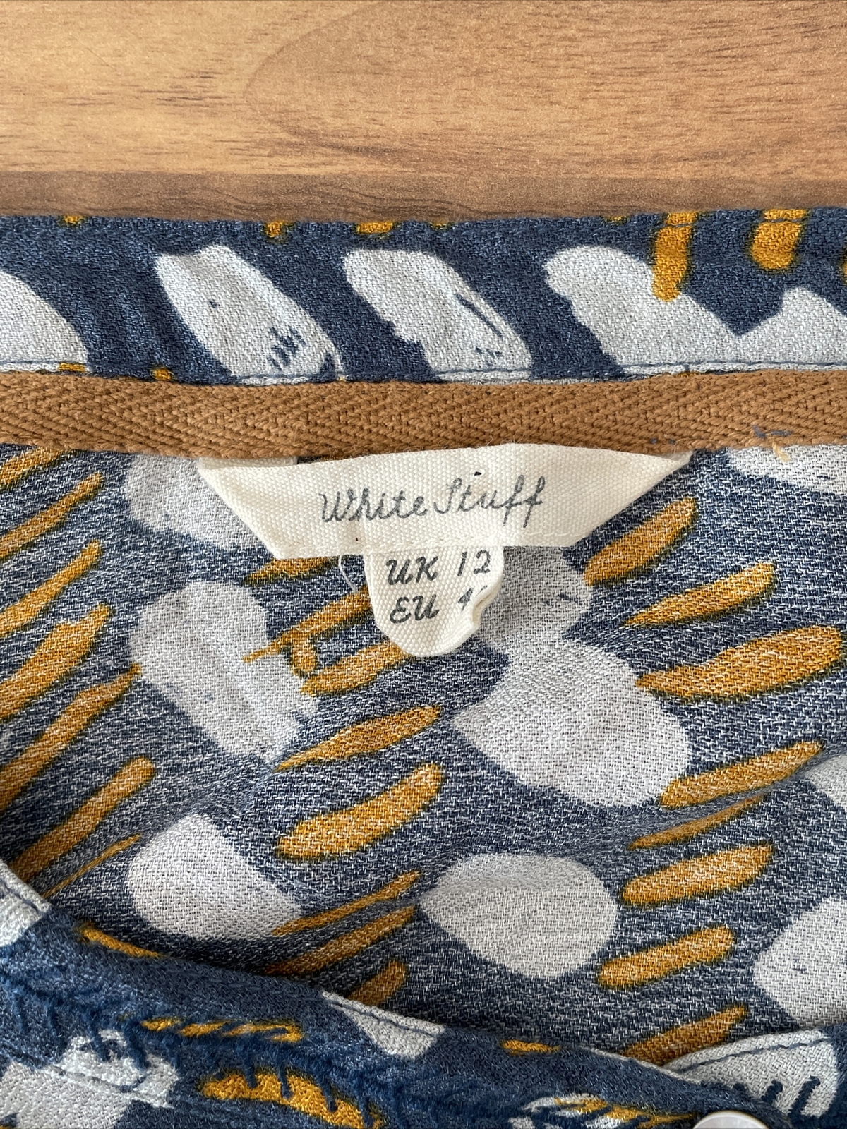 White Stuff Chambray Blue Gold Grey Abstract Print Shirt Dress Ladies Size 12