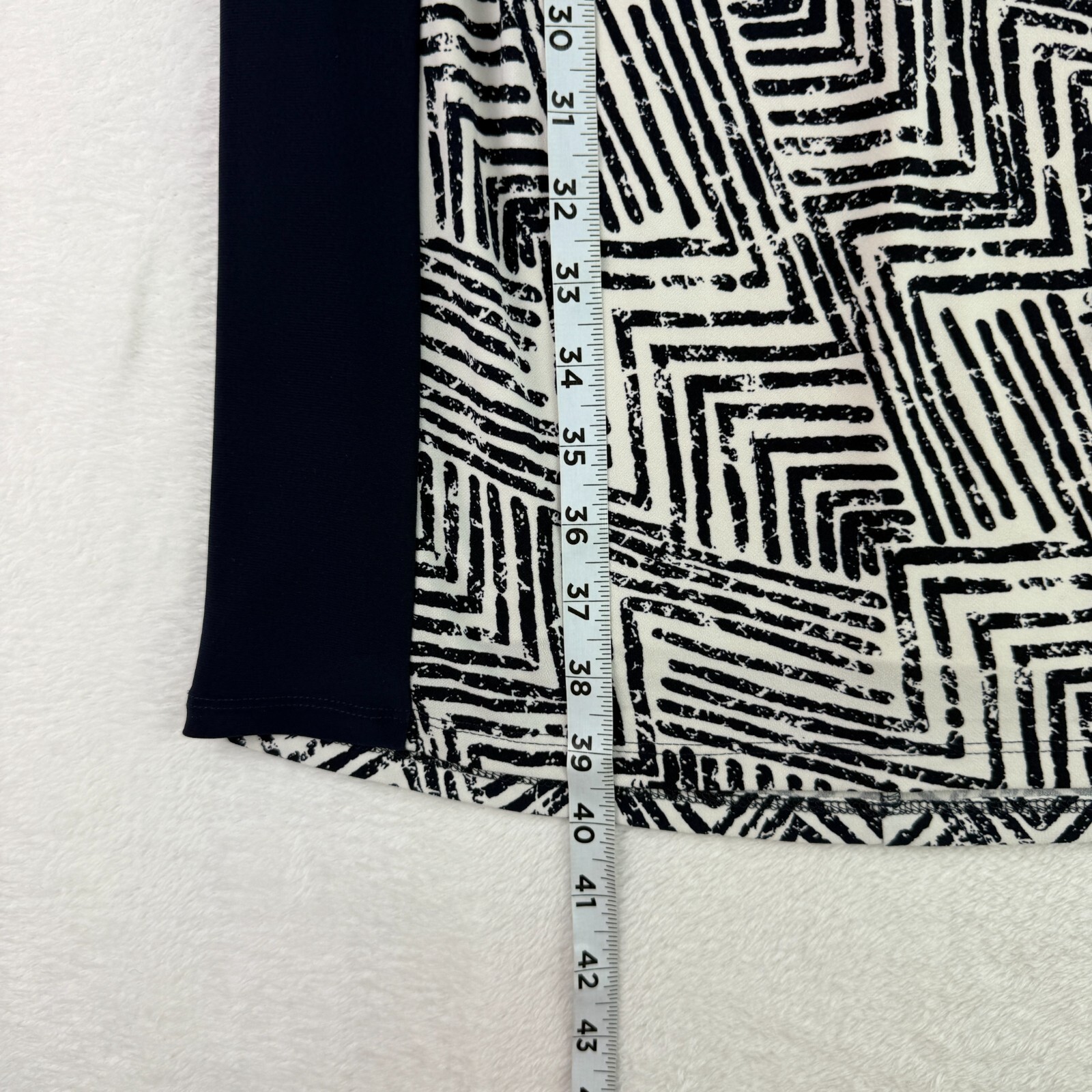Lauren Ralph Lauren Dress Navy White Sz 10 Geometric Print Ruched 3/4 Sleeve
