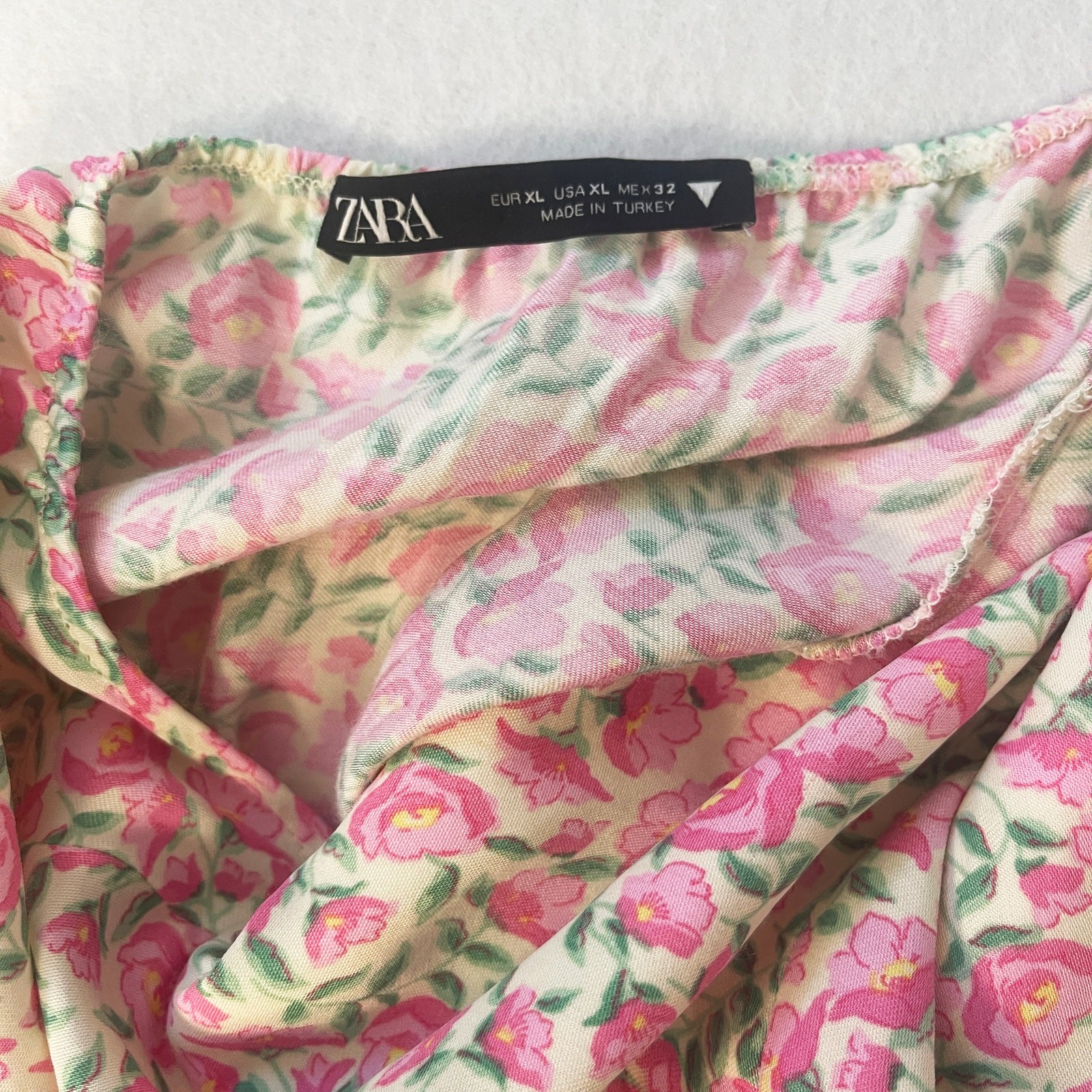 Zara Floral Open Back Mini Dress Pink Green 100% Viscose Tie Back Size XL