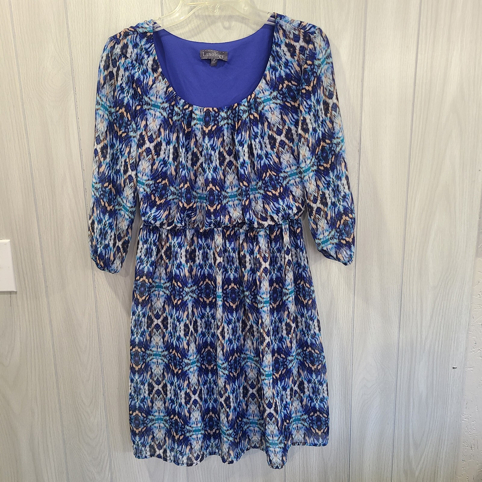 Women’s Blue brown white Silky Elastic Waist Hi-Low Dress Size 6 Fairy prairie