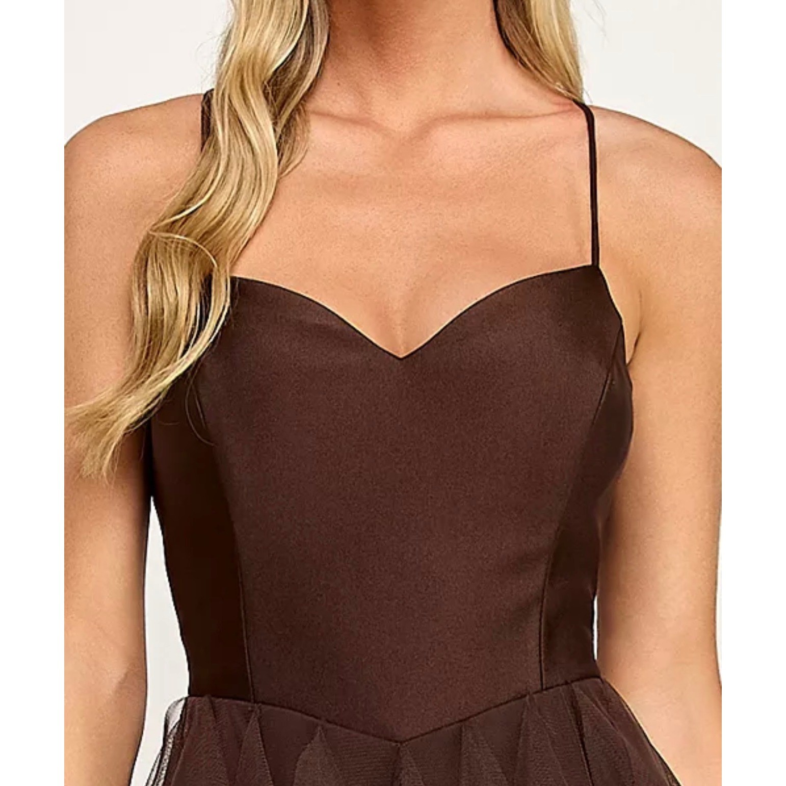 City Studio Brown Tulle Ruffled Tiered Dress Sweetheart Open Back Gown 15 16