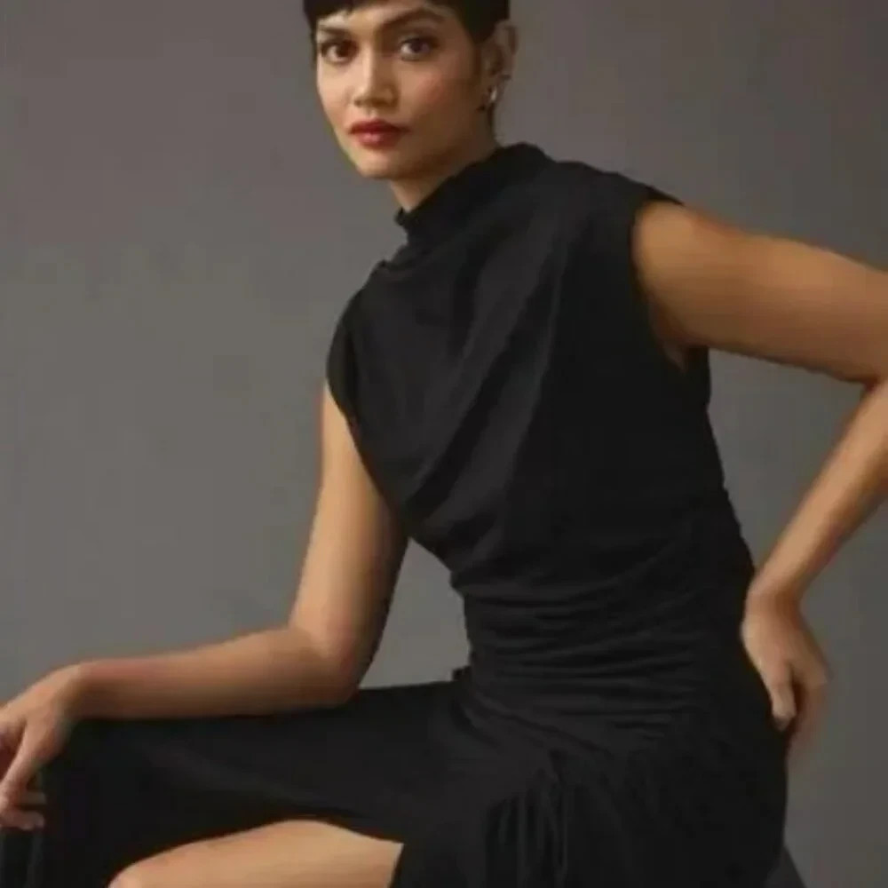 Anthropologie The Maya Ruched Cowl Neck Dress Womens M Black Midi Slit NWT