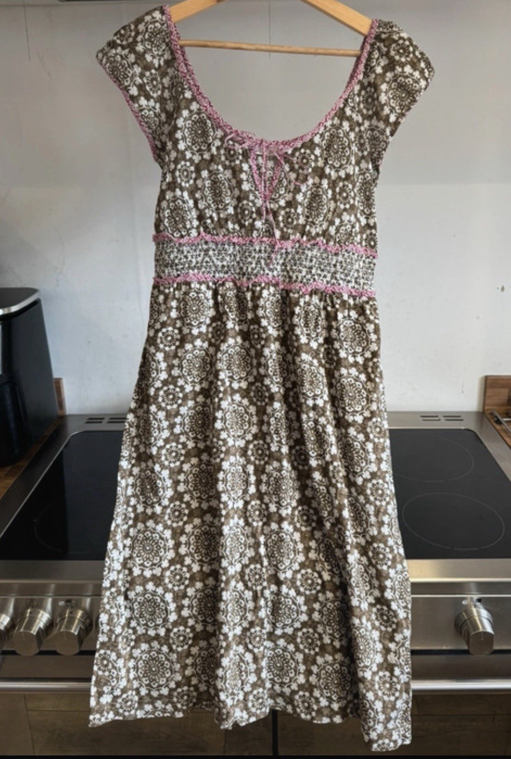 Vintage White Stuff Floral Cotton Dress Sz 14 Brown Cream Boho Cottagecore Midi
