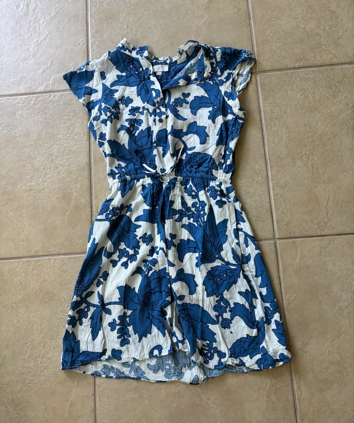 LOFT XS Blue/White Floral Sleeveless Romper Button Front Drawstring Waist
