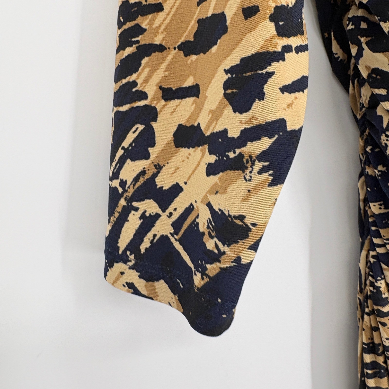 American Living Navy Blue Gold Abstract Print Ruched Faux Wrap Sheath Dress 10