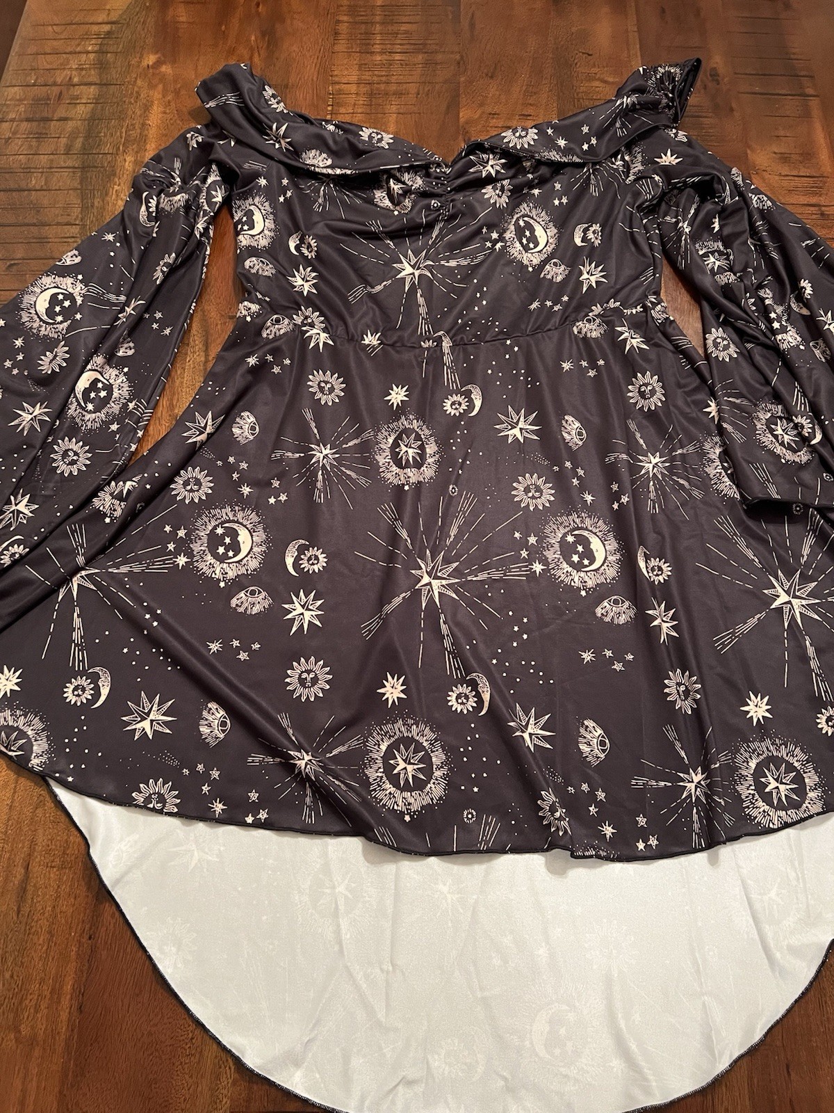 Womens XL Celestial Moon Stars Sun Off Shoulder Mini Dress Bell Sleeve Goth Boho