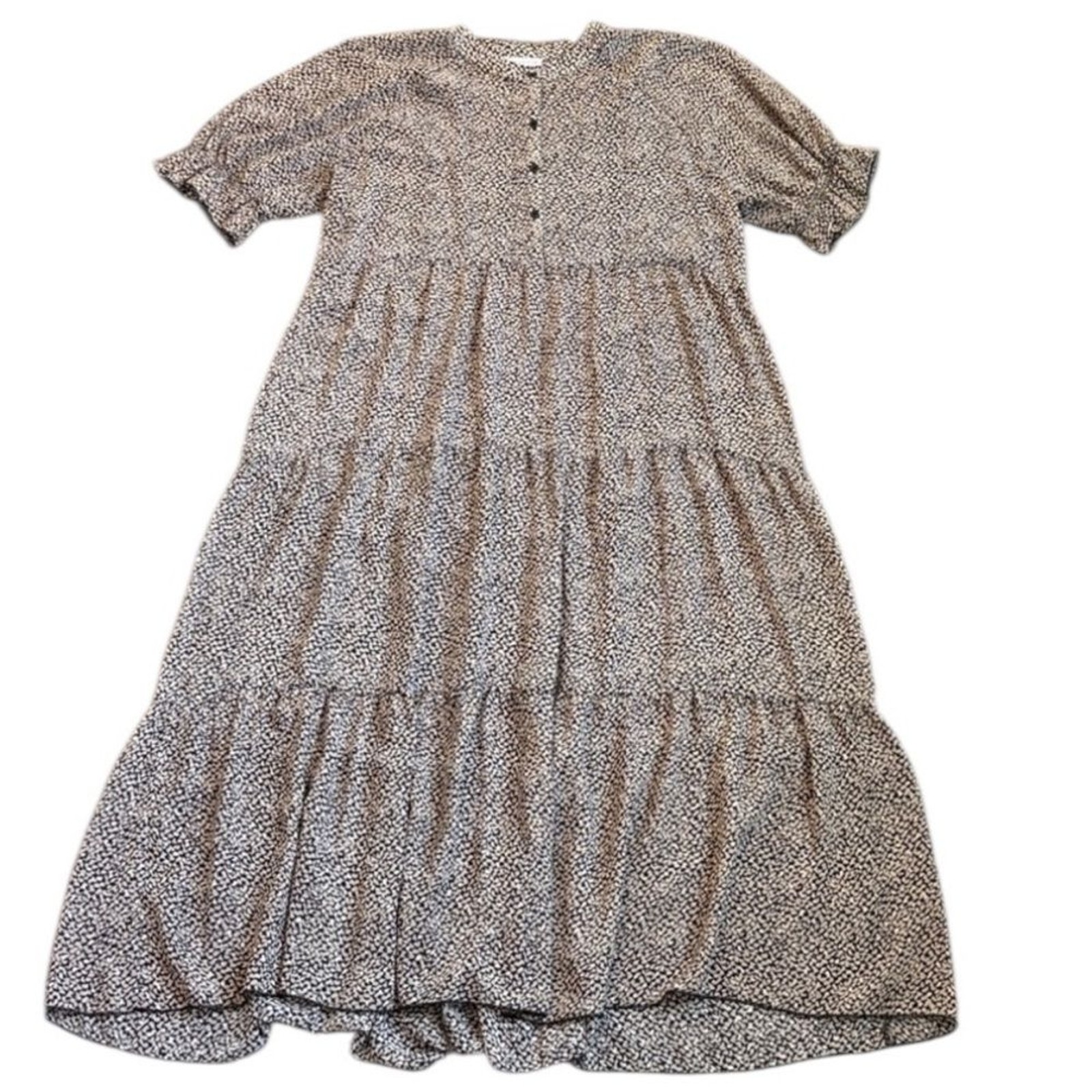 Ophelia Roe Semi-Sheer Tiered Midi Dress Women’s XL Tan Black Flowy Button Top