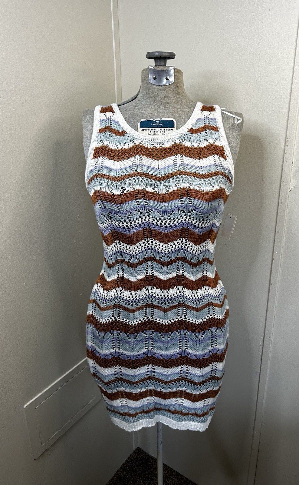 New White/Blue/Brown Chevron Striped Crocheted Dress