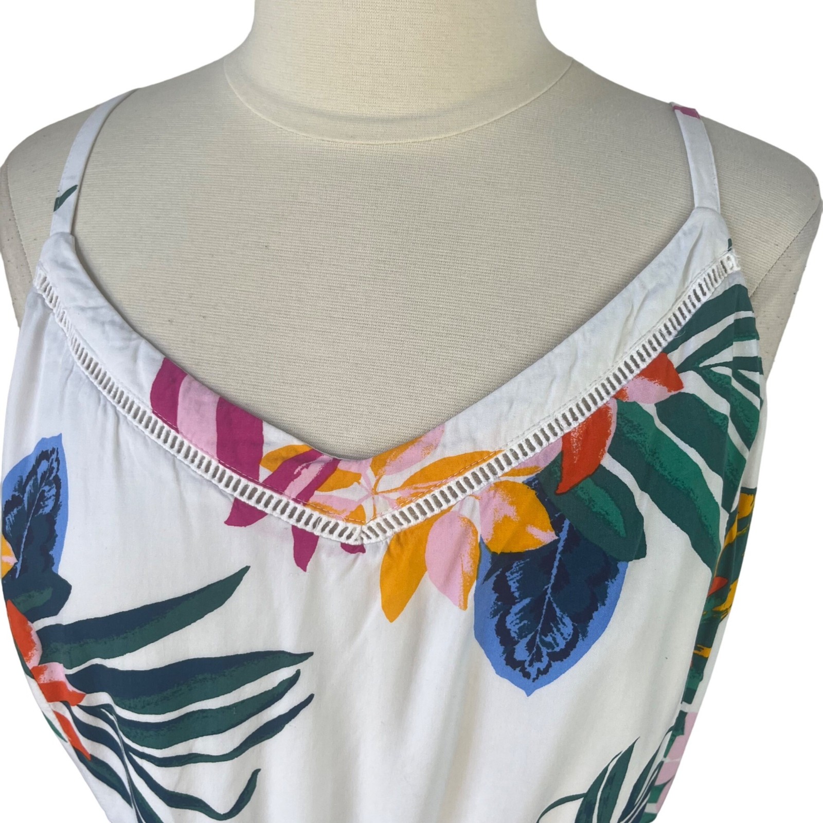 Tropical Floral Print Maxi Midi Sun Dress Adjustable Straps Smocked Back Medium