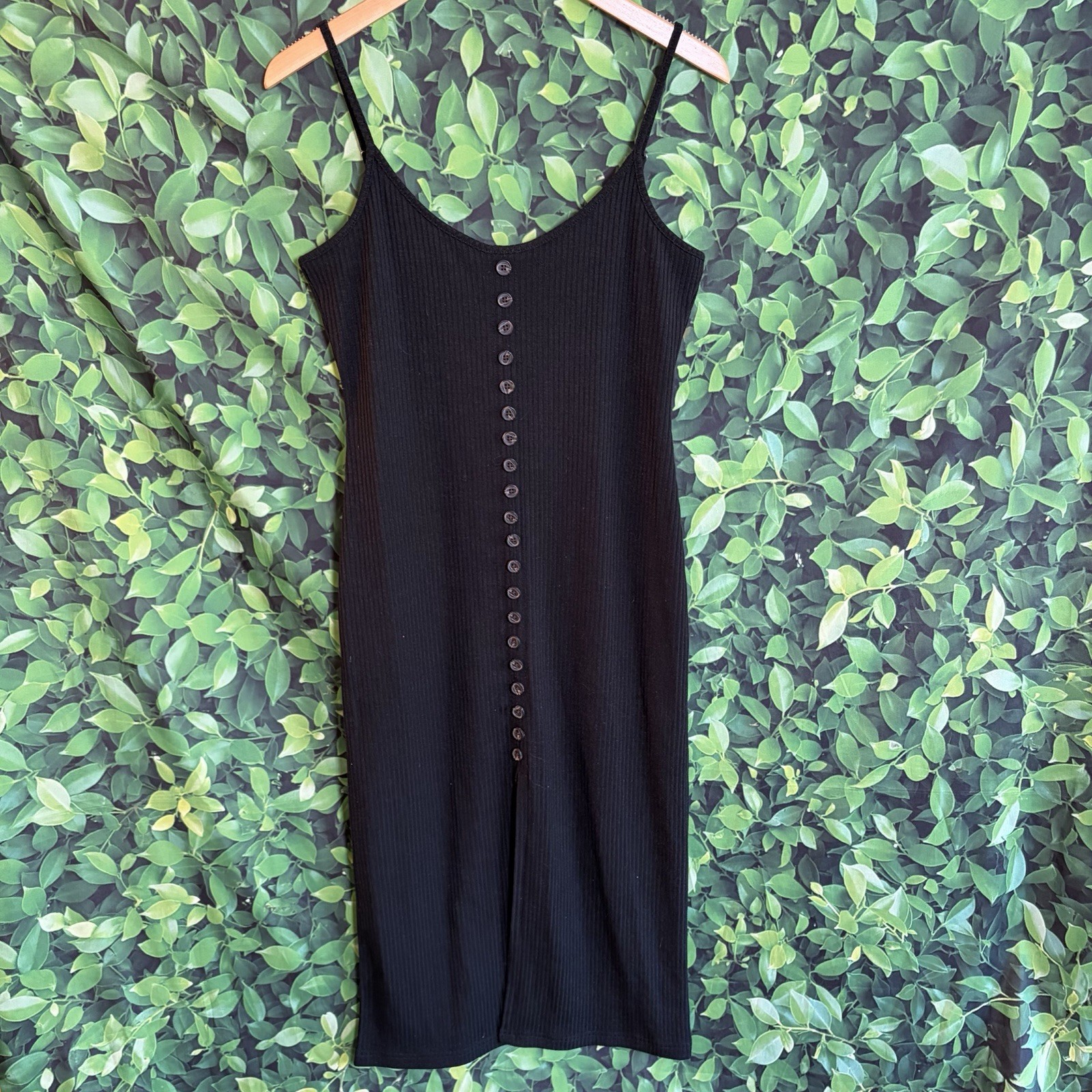 VICI Black Ribbed Midi Dress Womens Medium Button Front Bodycon Slit Sexy