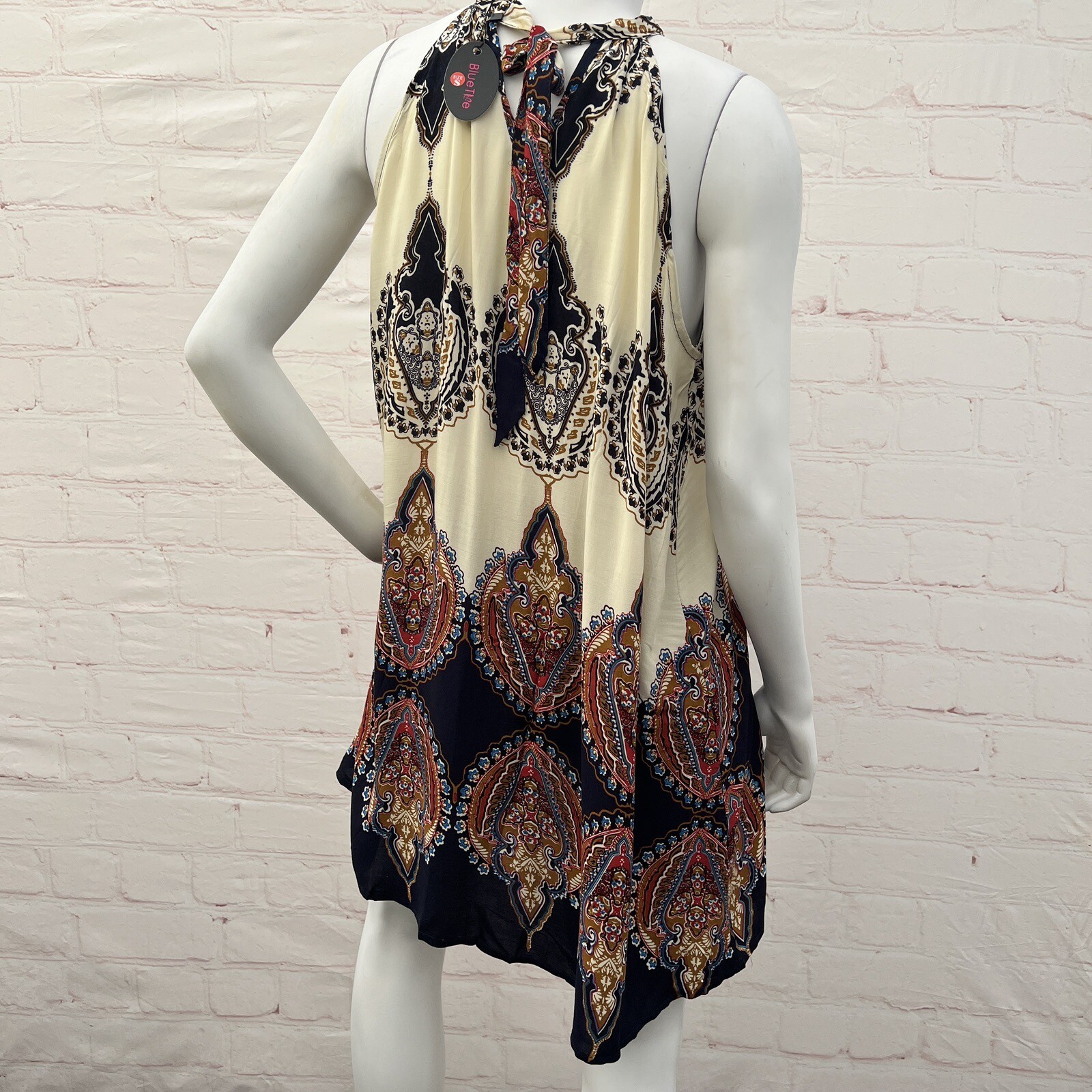 BlueTime Printed Temperament Sleeveless Hanging Neck Press Pleated Dress Beige S