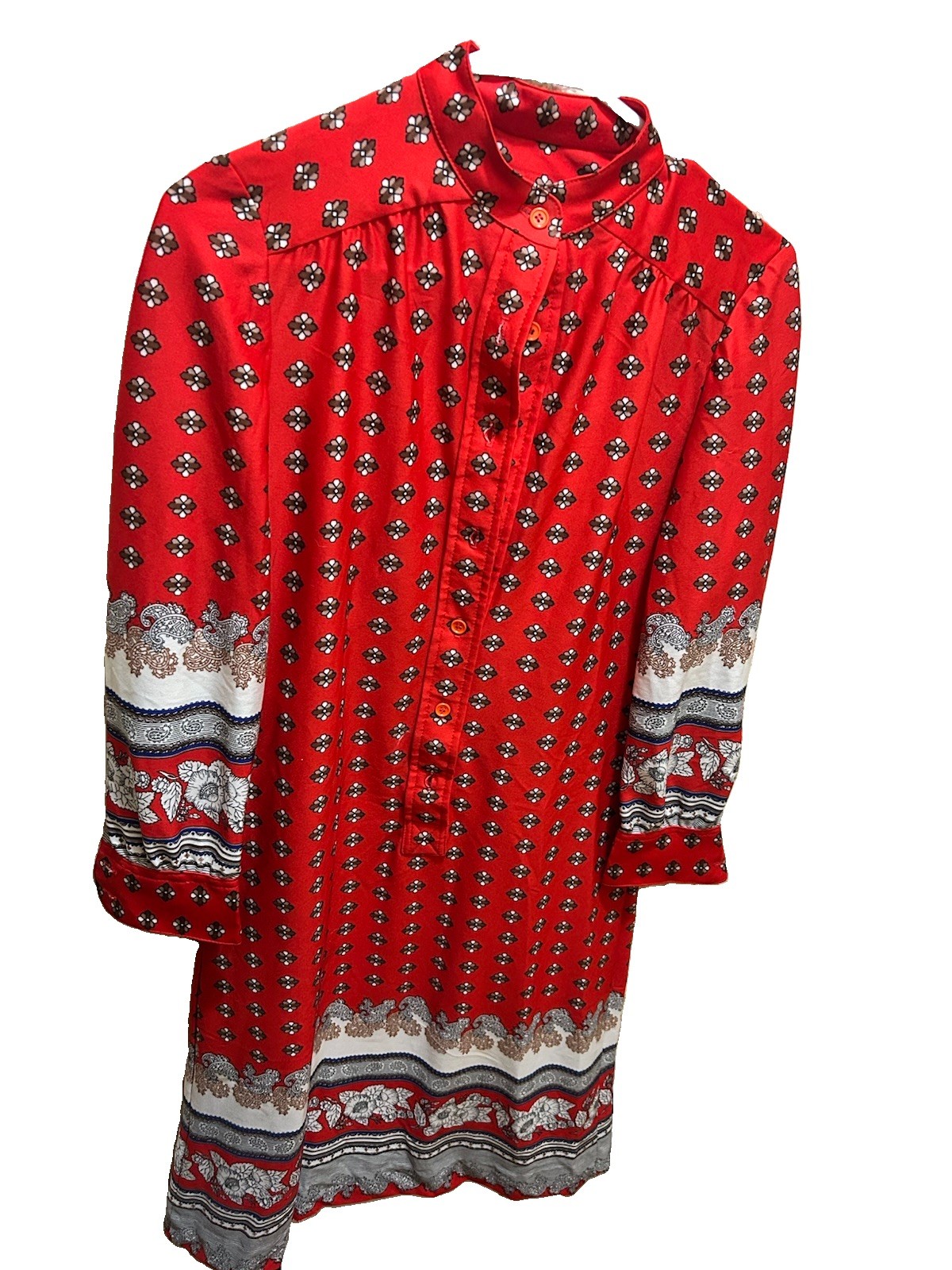 Schrader Sport New York Red Geometric Collared Button Front Long Sleeve Dress