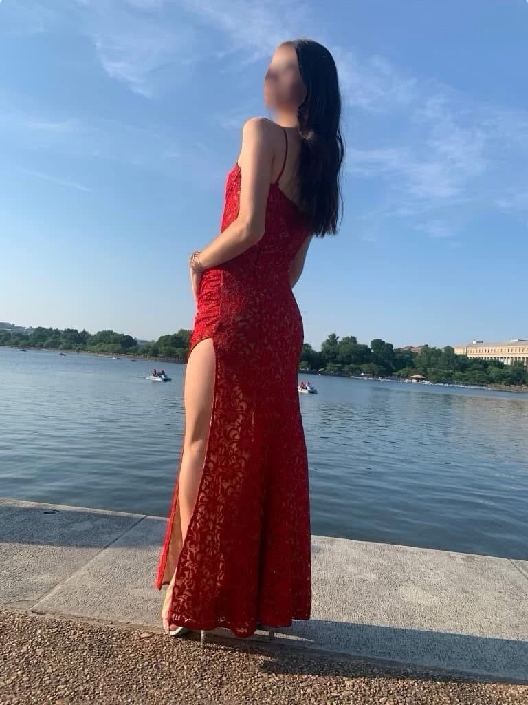 Galina Signature Red Sequin Lace Corset Maxi Dress Slit Prom Formal Gown Size 4