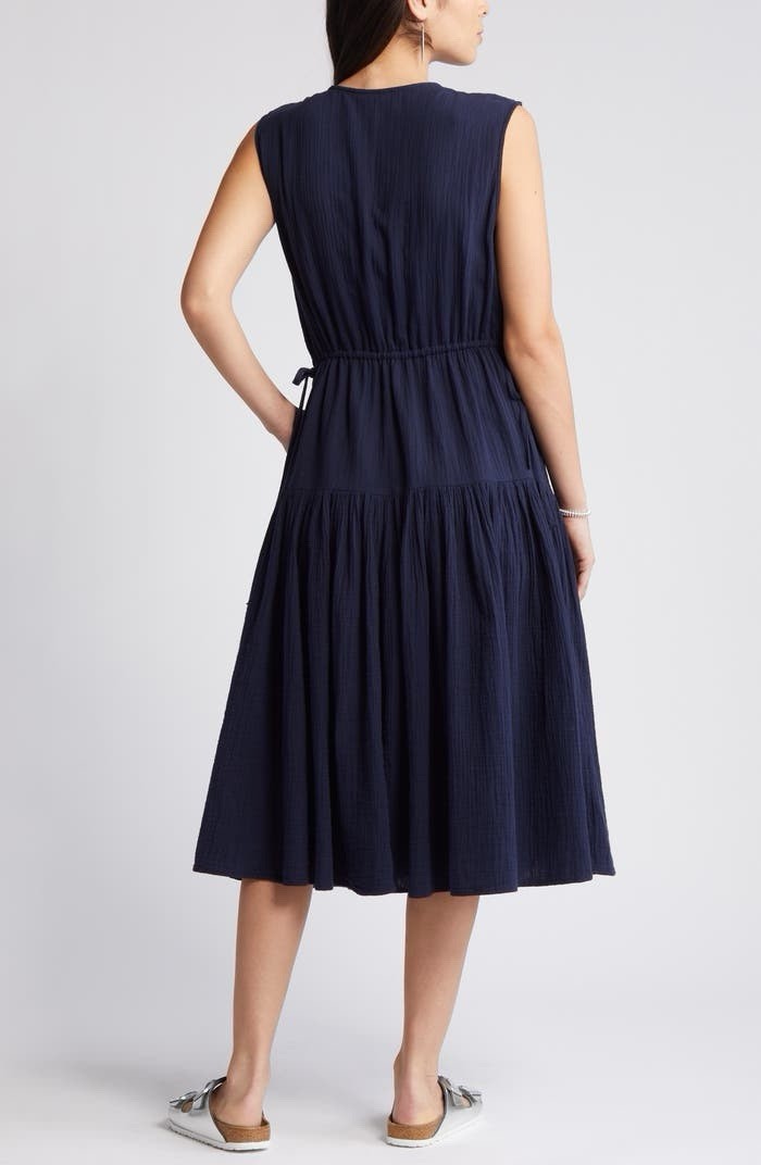 Caslon Women’s Tiered Cotton Gauze Midi Dress Navy Blue Size Large