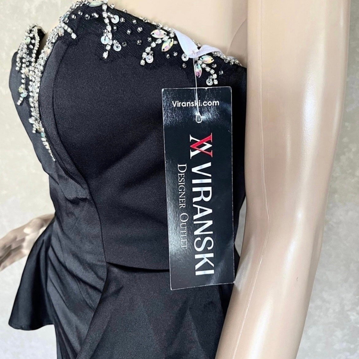 NWT Viranski Dancing Queen Black Beaded Strapless Sweetheart Peplum Mermaid Gown