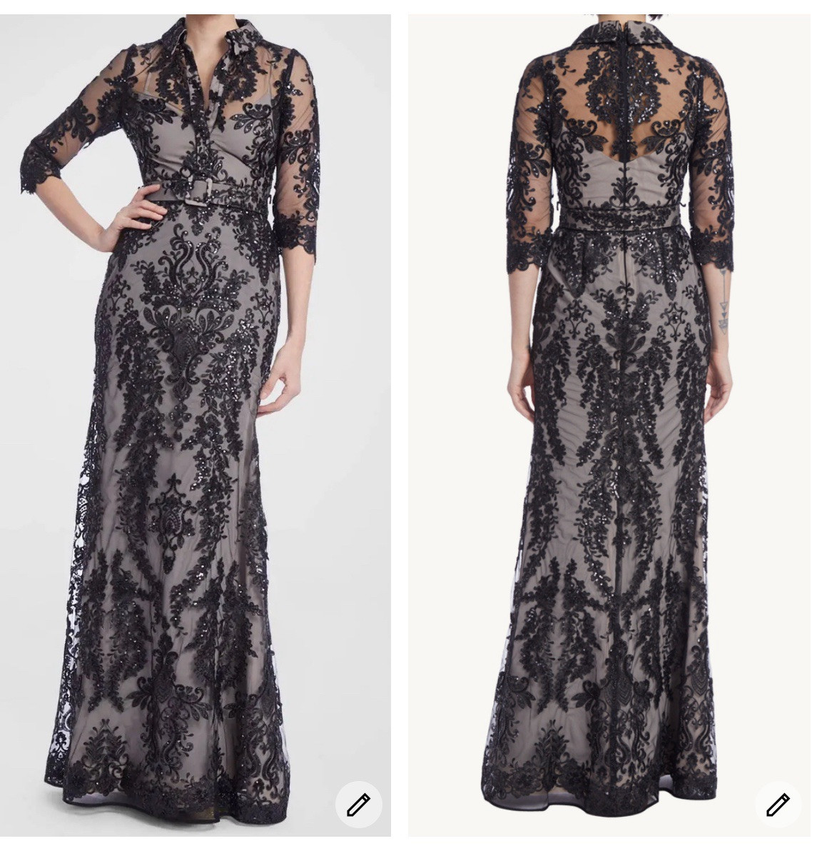 Badgley Mischka Black Embroidered Sequined Beaded Lace Overlay Belted Gown Sz 0